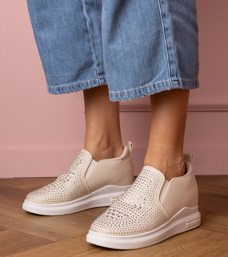 Gemre Beige women's sneakers with rhinestones on a hidden wedge Jeremi