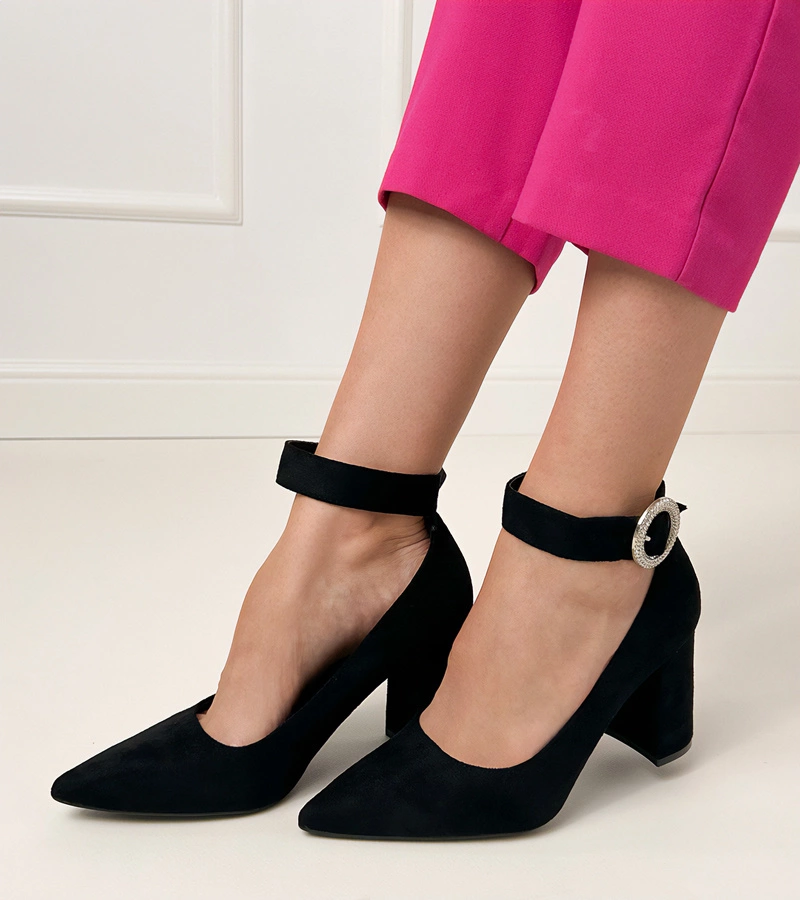 marka niezdefiniowana Pantofi negri cu toc gros, cataramă și cristale Vellus