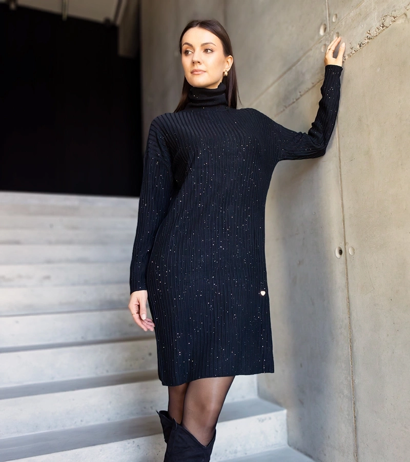 Gemre Shiny black turtleneck midi dress Kusama