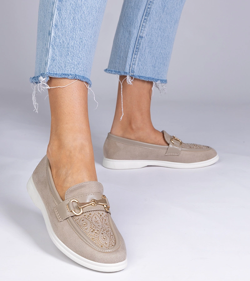 Gemre Mocasini crem din piele ecologică întoarsă cu strasuri Minilla