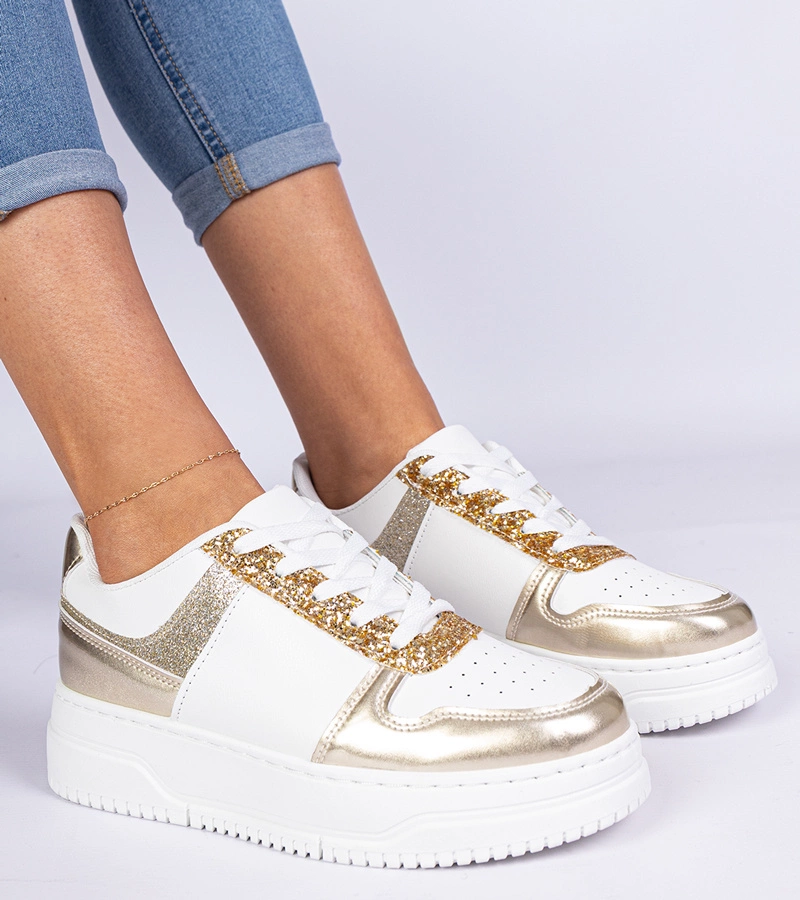 Gemre Adidași aurii de damă cu talpă groasă decorați cu sclipici Dolla