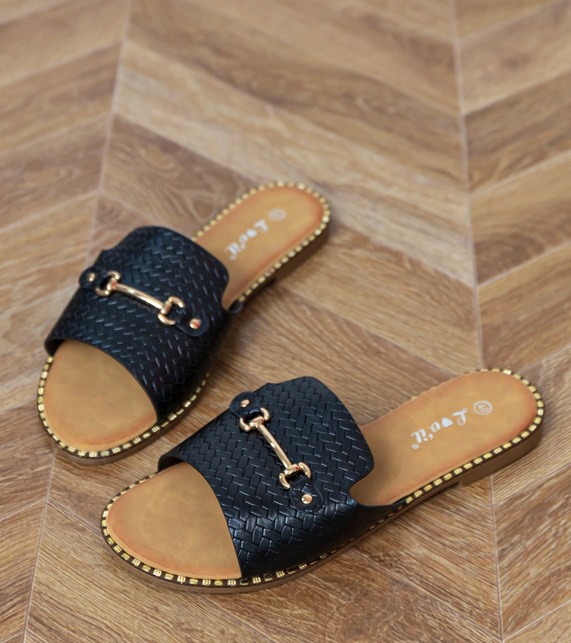 marka niezdefiniowana Papuci negri cu talpă plată cu barete late și ornament auriu Malisa