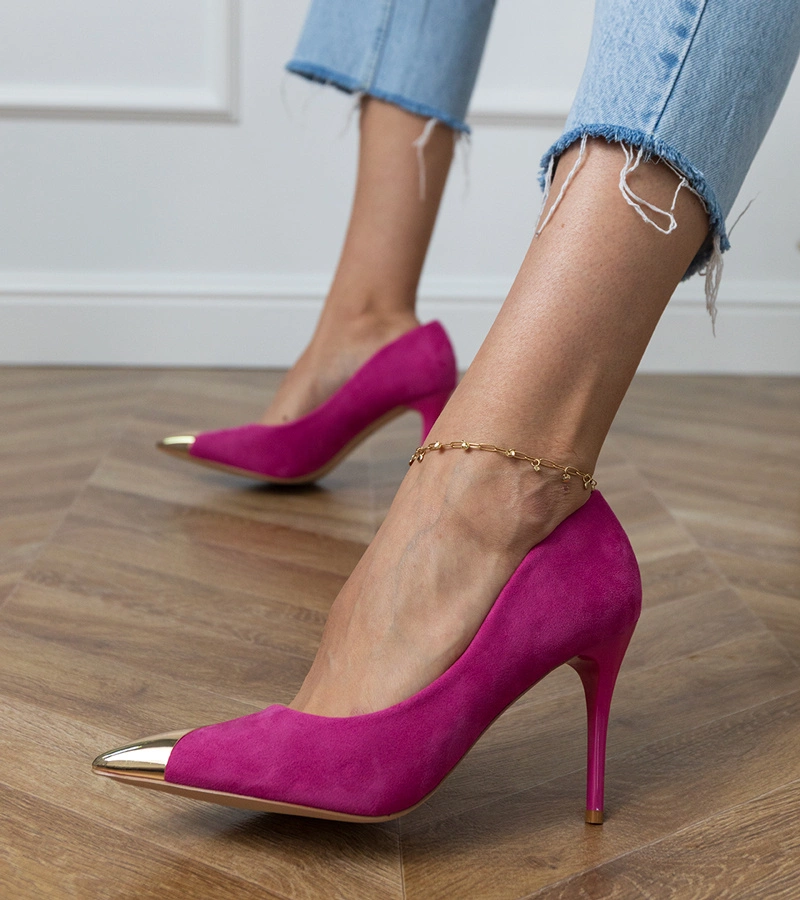 marka niezdefiniowana Pantofi roz cu toc din piele ecologică întoarsă cu vârf metalic Elaza