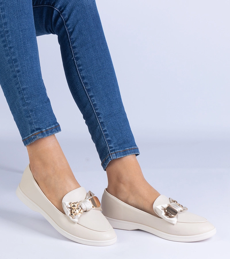 Gemre Mocasini bej cu fundiță și ursuleț auriu Nensi