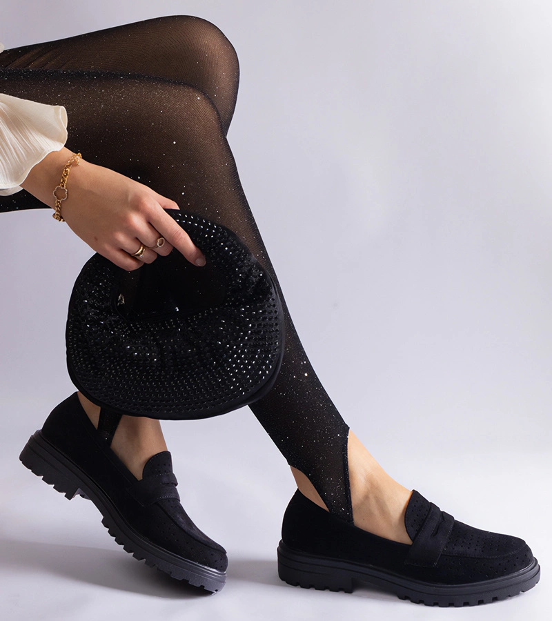 Gemre Pantofi mocasini din piele întoarsă ecologică Clausen negri și perforați