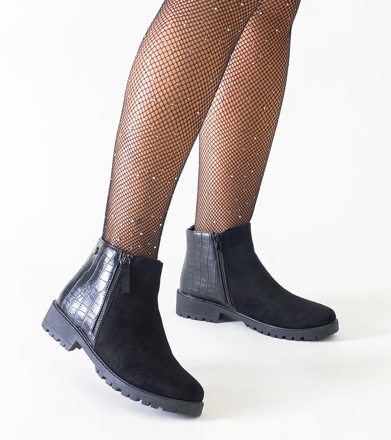 Gemre Botine negre cu motiv de piele de crocodil din eco-velur Mifsada.