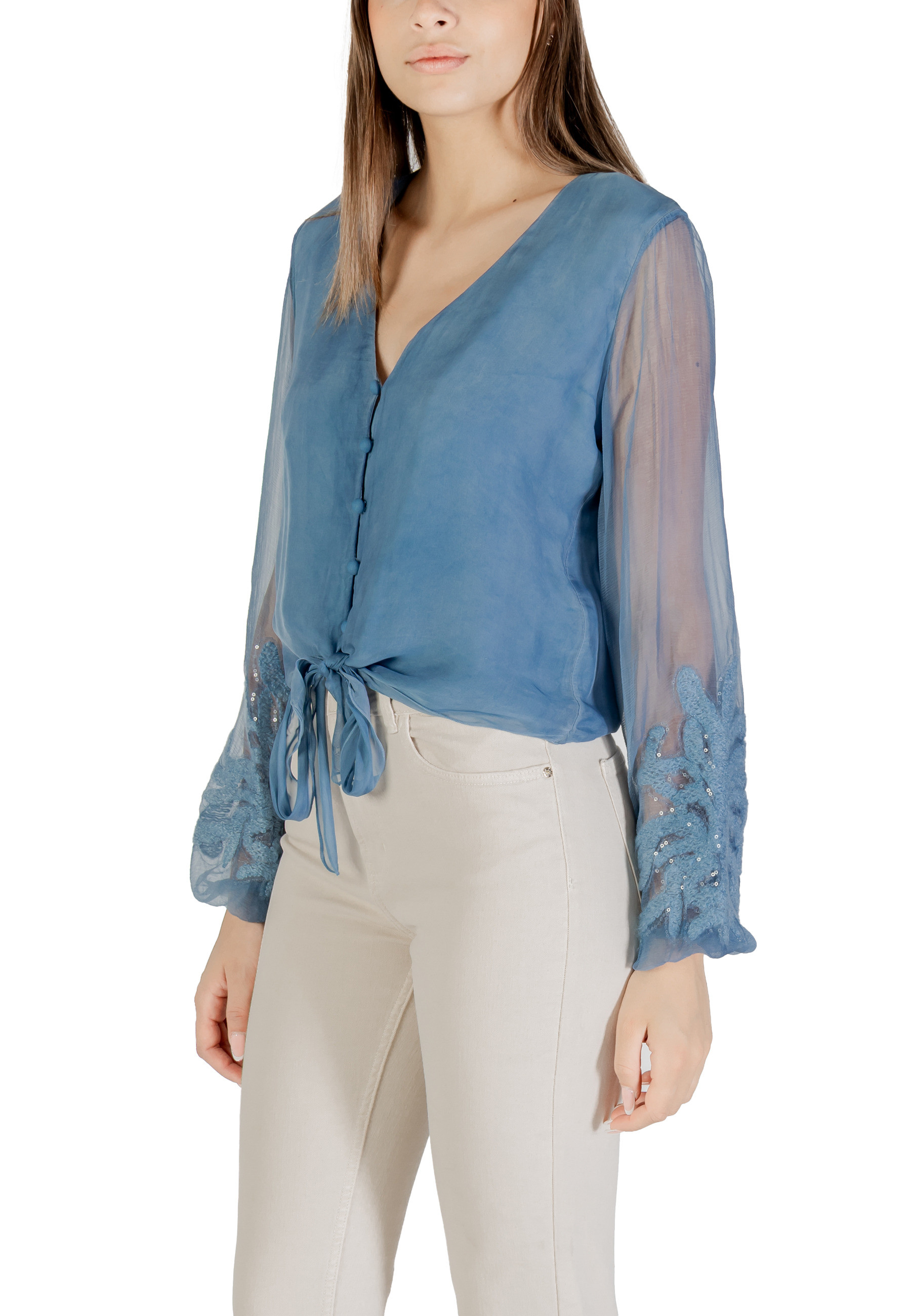 Синя блуза Guess с дълъг ръкав