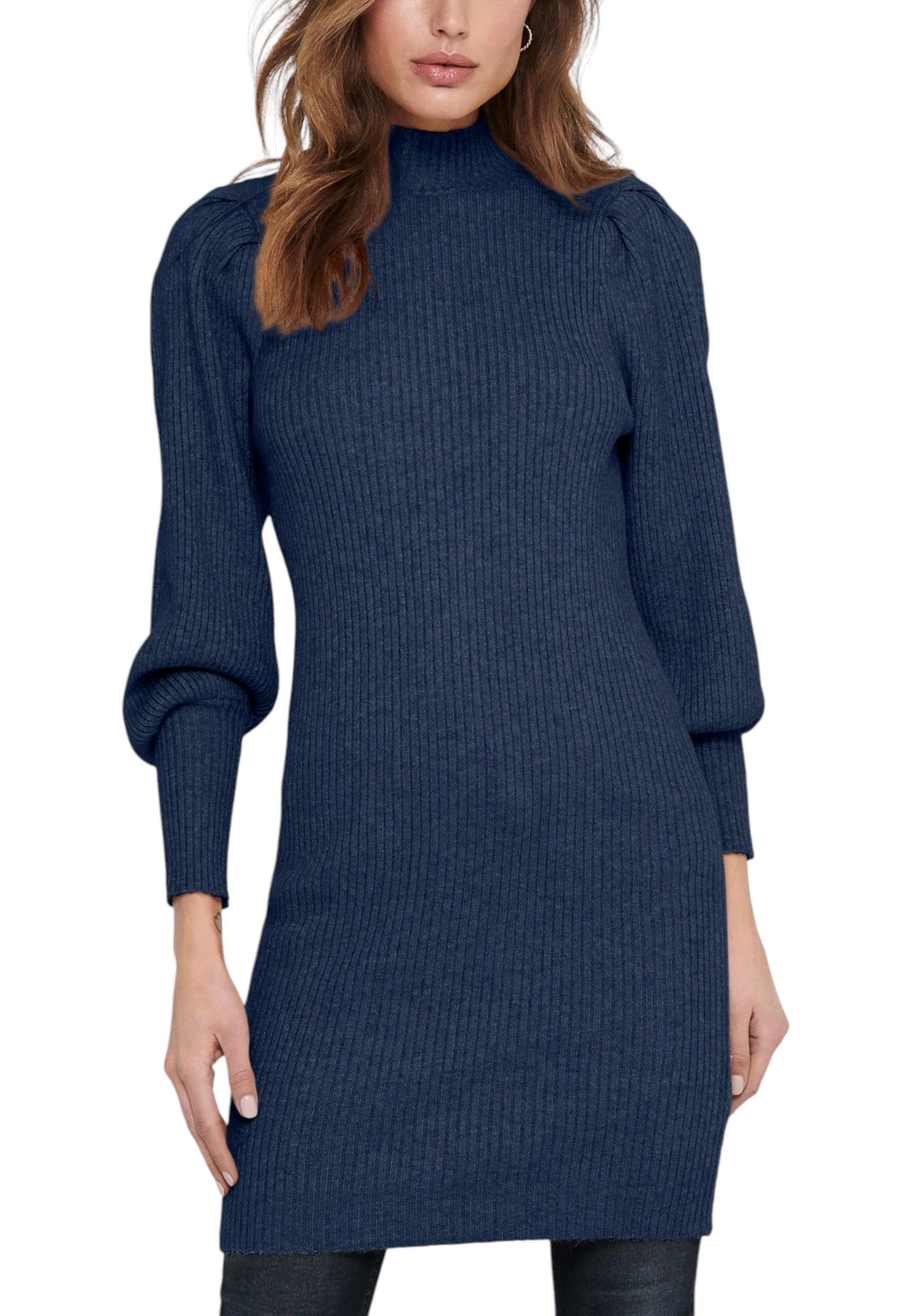 Modré svetrové šaty s rolákem