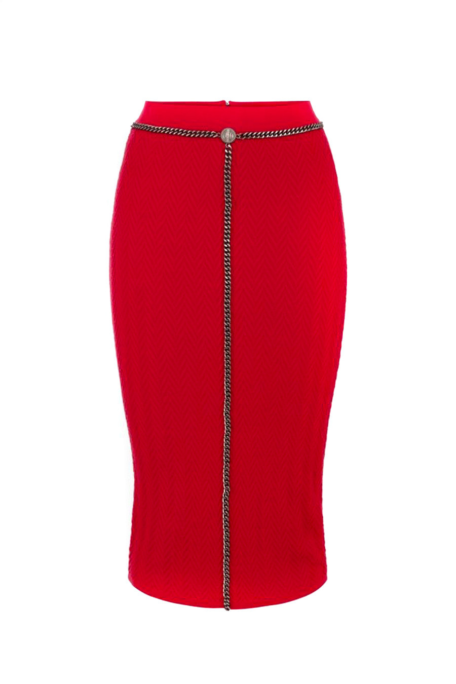 Červená pouzdrová sukně s předním zipem