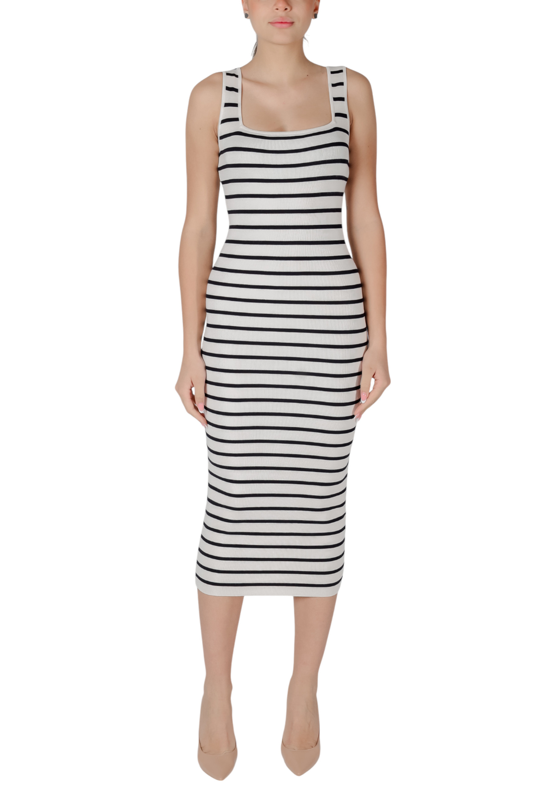 Pruhované midi šaty s ramínky