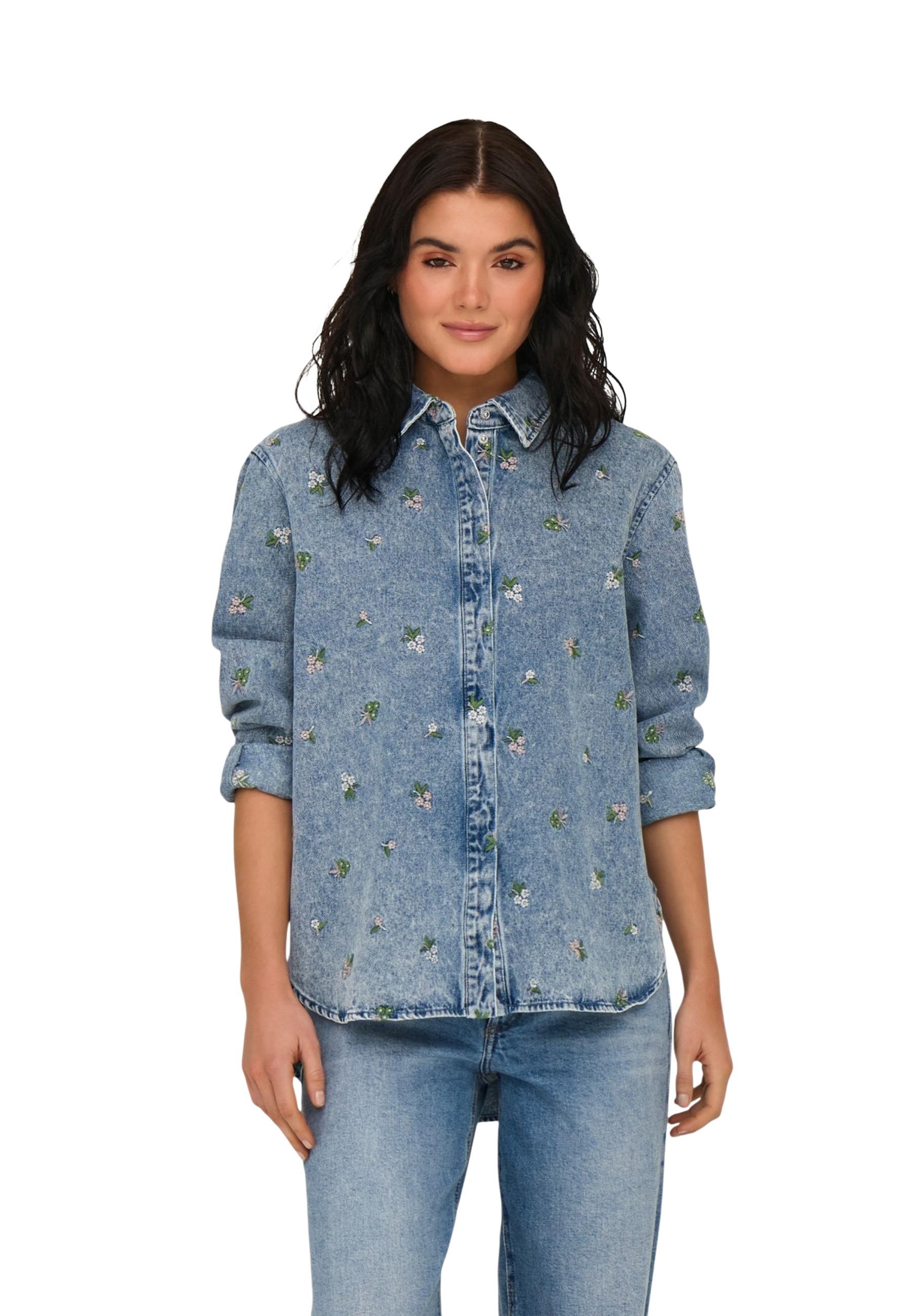 Дамска дънкова риза с флорален мотив