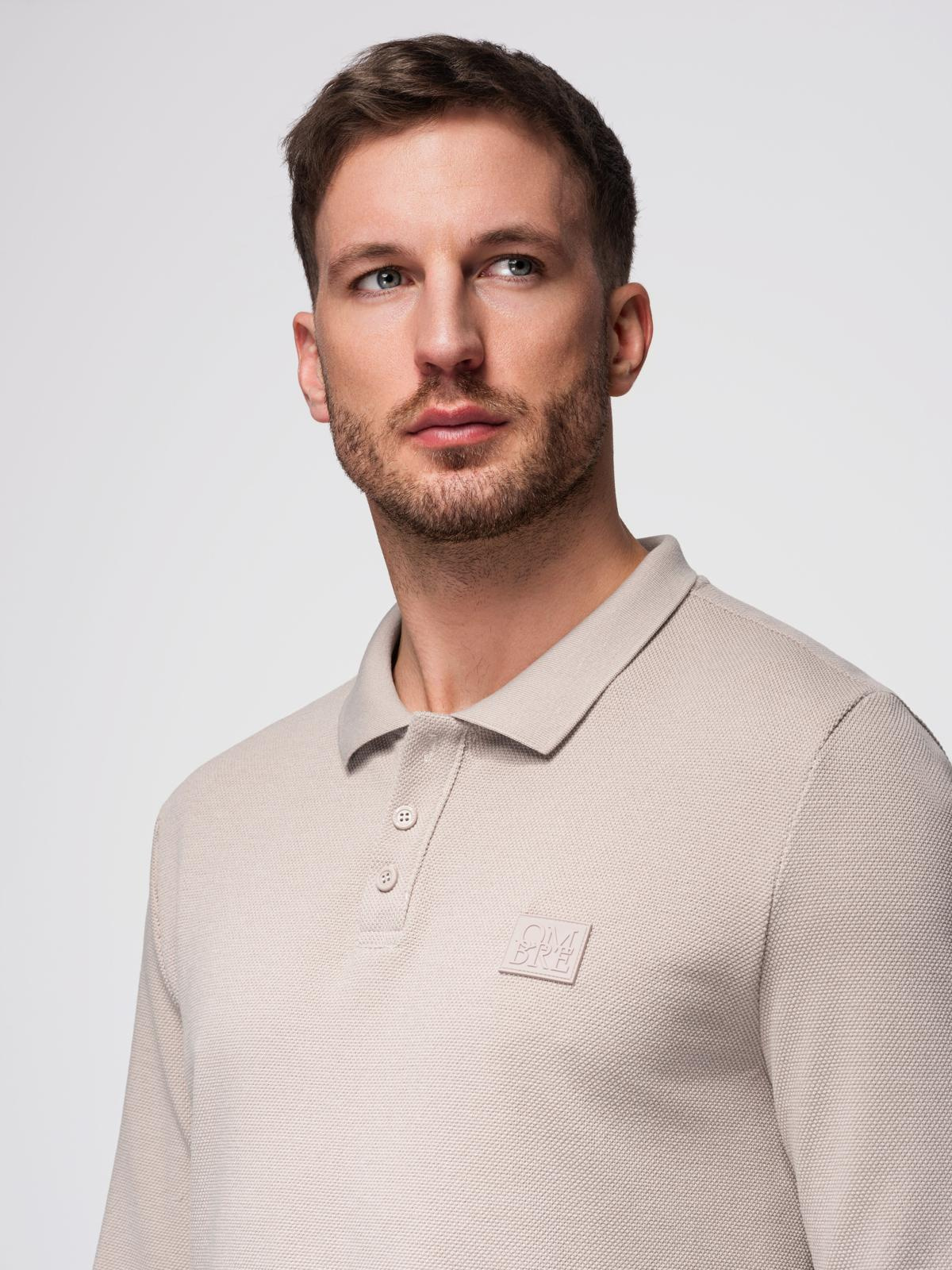 Ombre Men's structured polo longsleeve with patch - ash