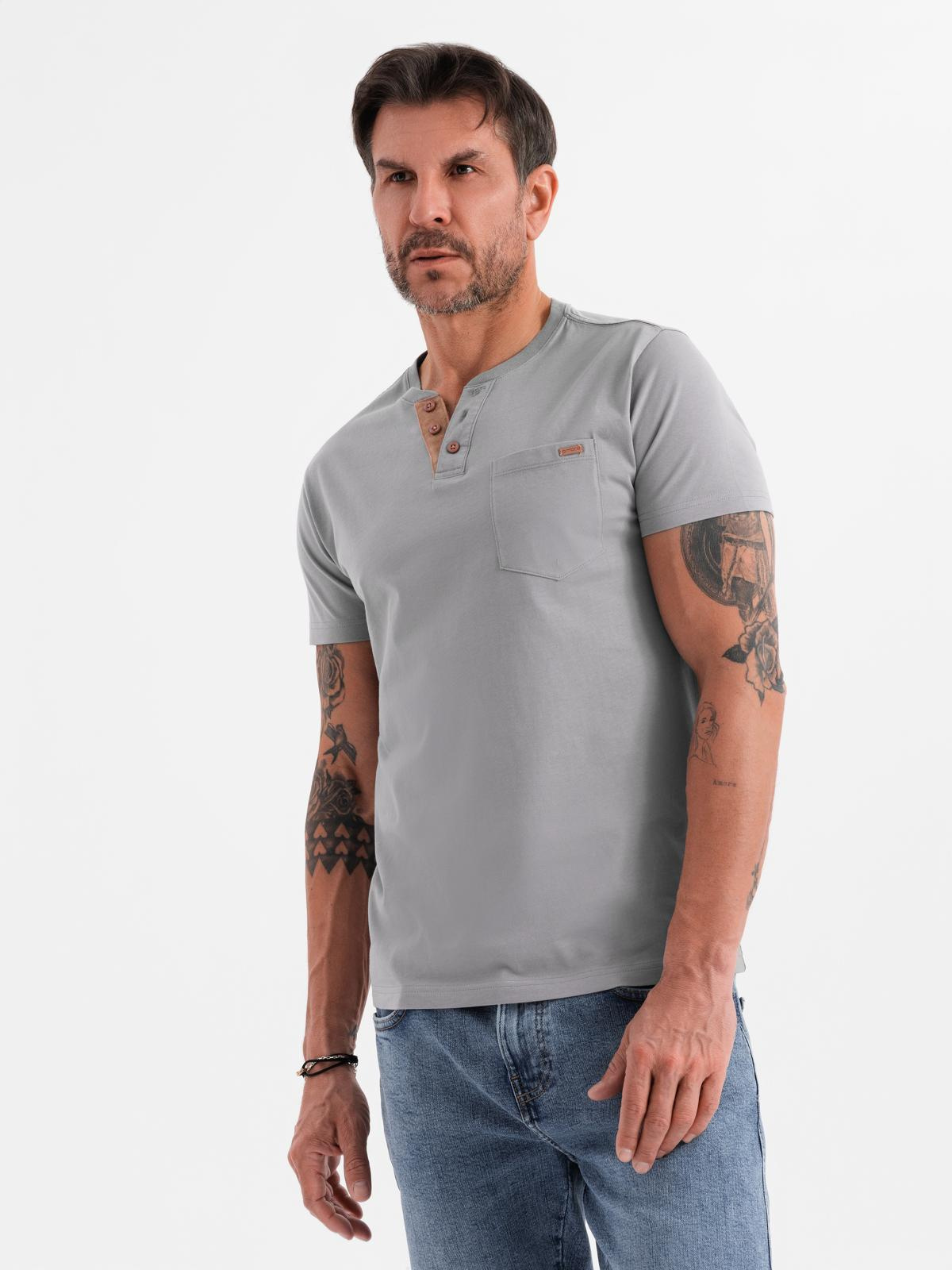 Ombre Men's t-shirt with button neckline and suede trim - grey