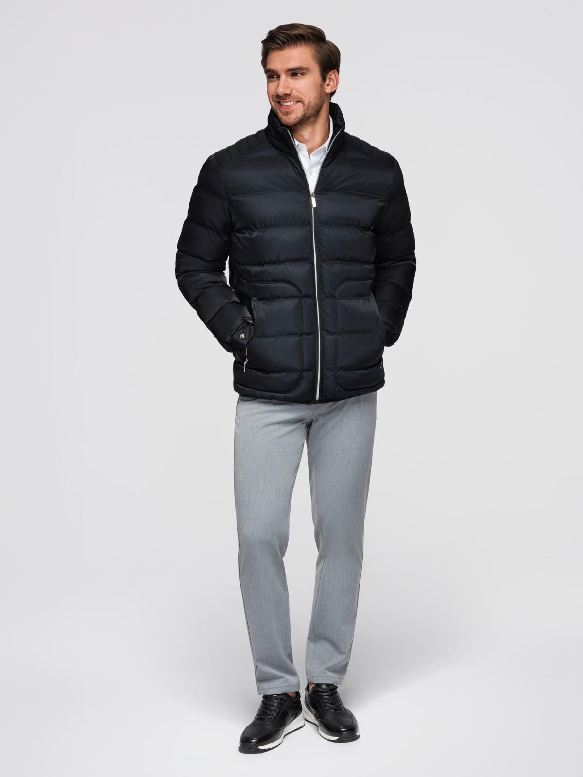 Ombre Men&#039;s quilted jacket with gloss and stand-up collar - black