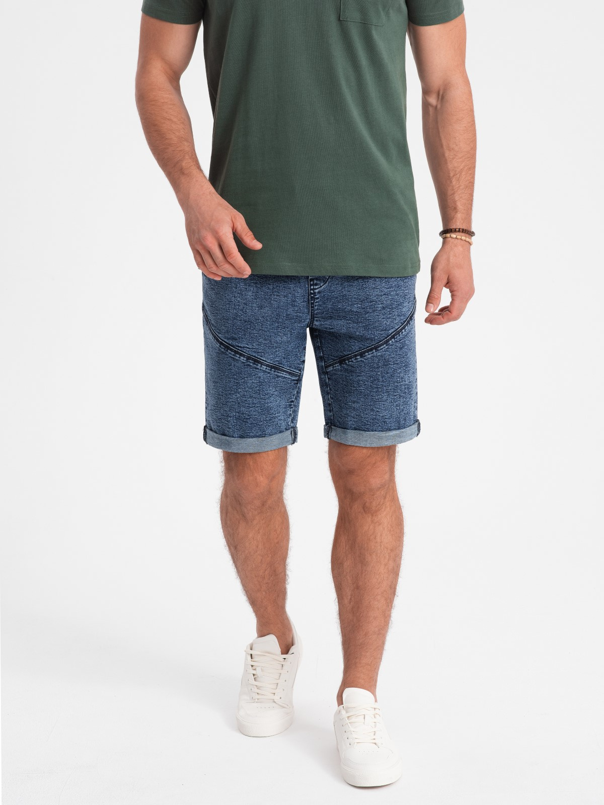 Ombre Turn-up men&#039;s short denim shorts with stitching - dark blue