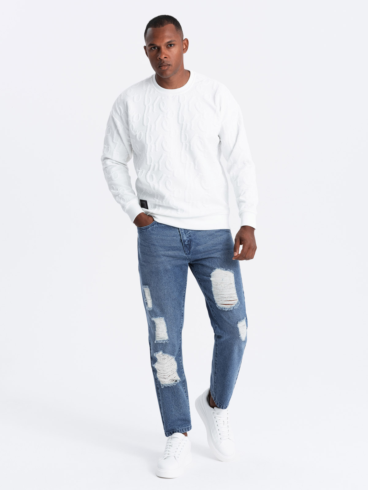 Ombre Men&#039;s TAPERED FIT denim pants with holes - dark blue