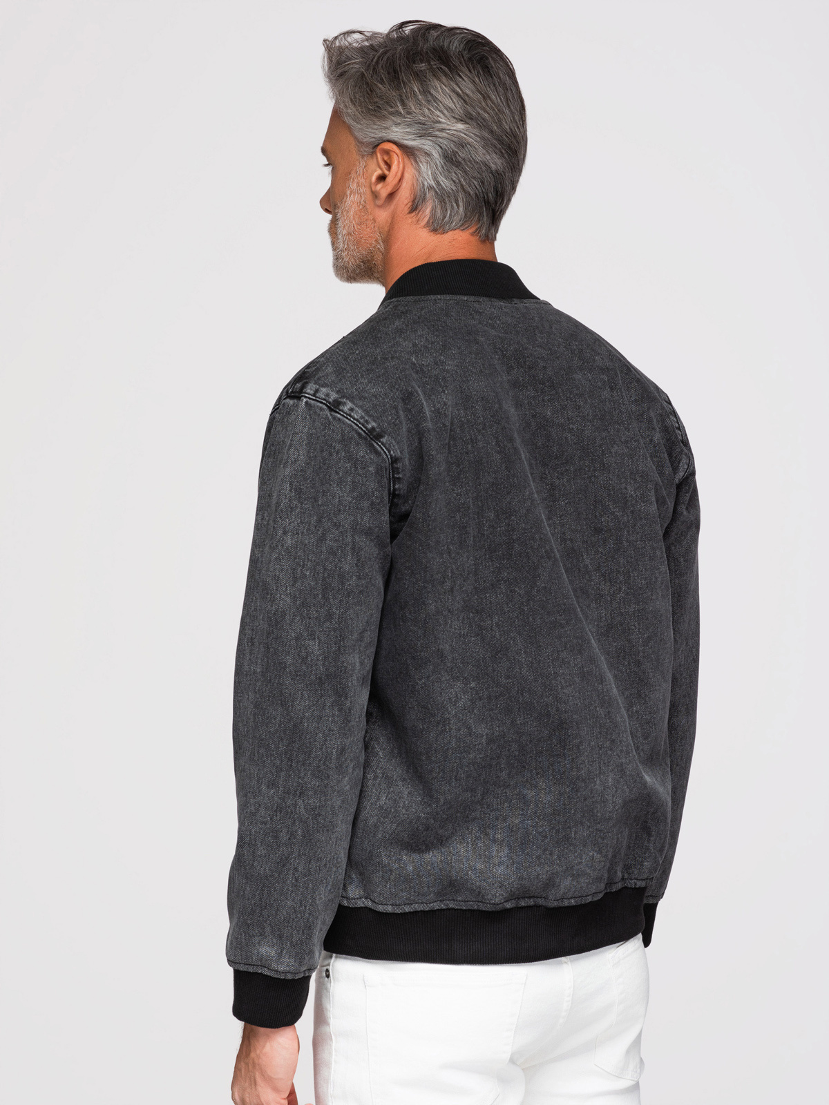 Ombre Men's denim bomber jacket with stone wash effect - black