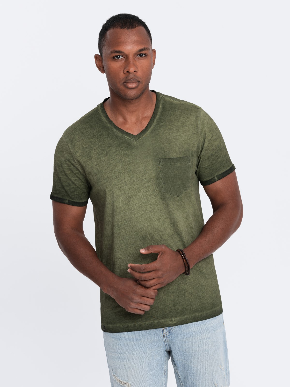 Ombre Men's Brindle V-neck T-shirt With Pocket - Olive