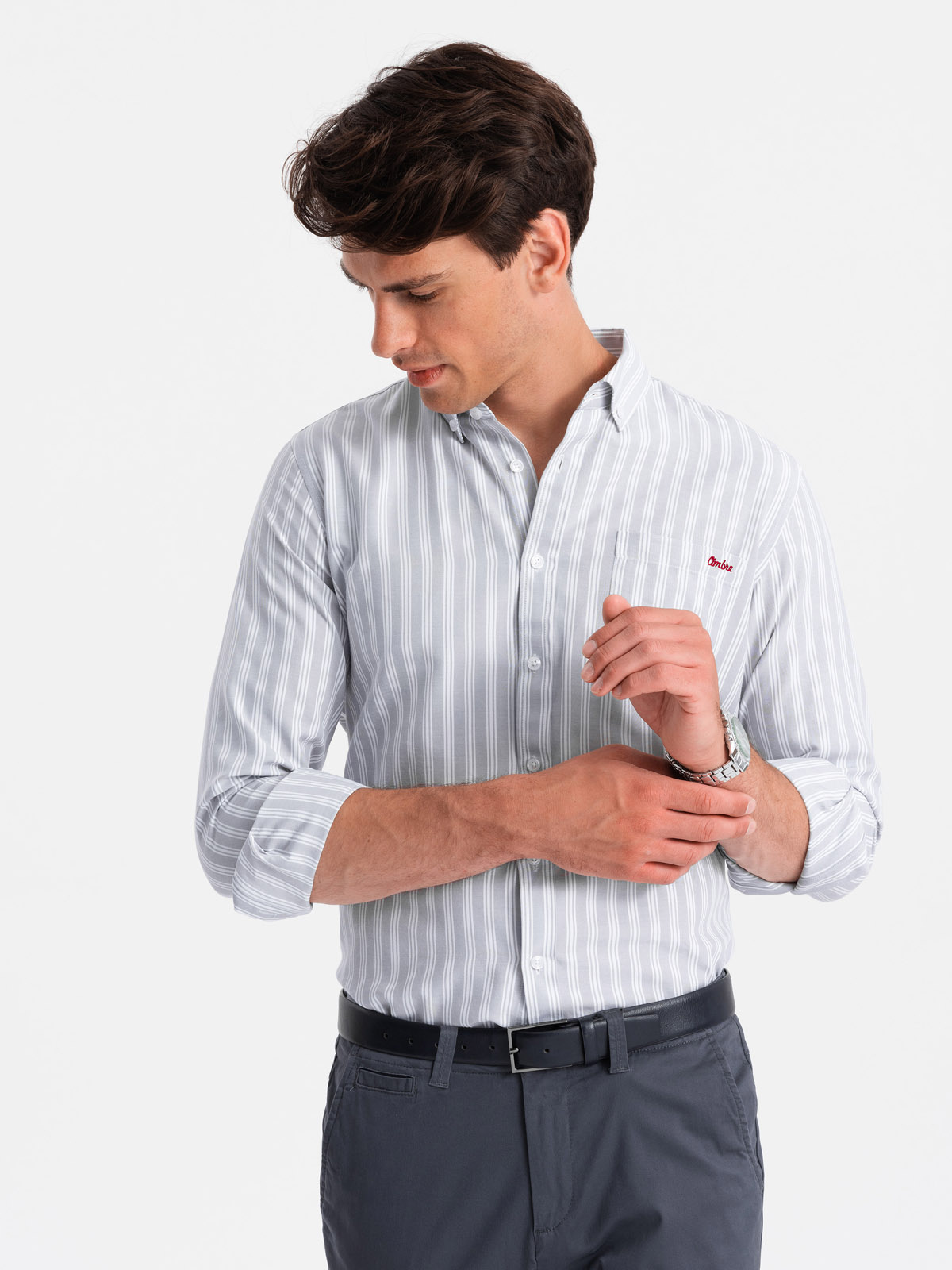 Ombre Men's REGULAR FIT Shirt In White Stripes With Pocket - Grey