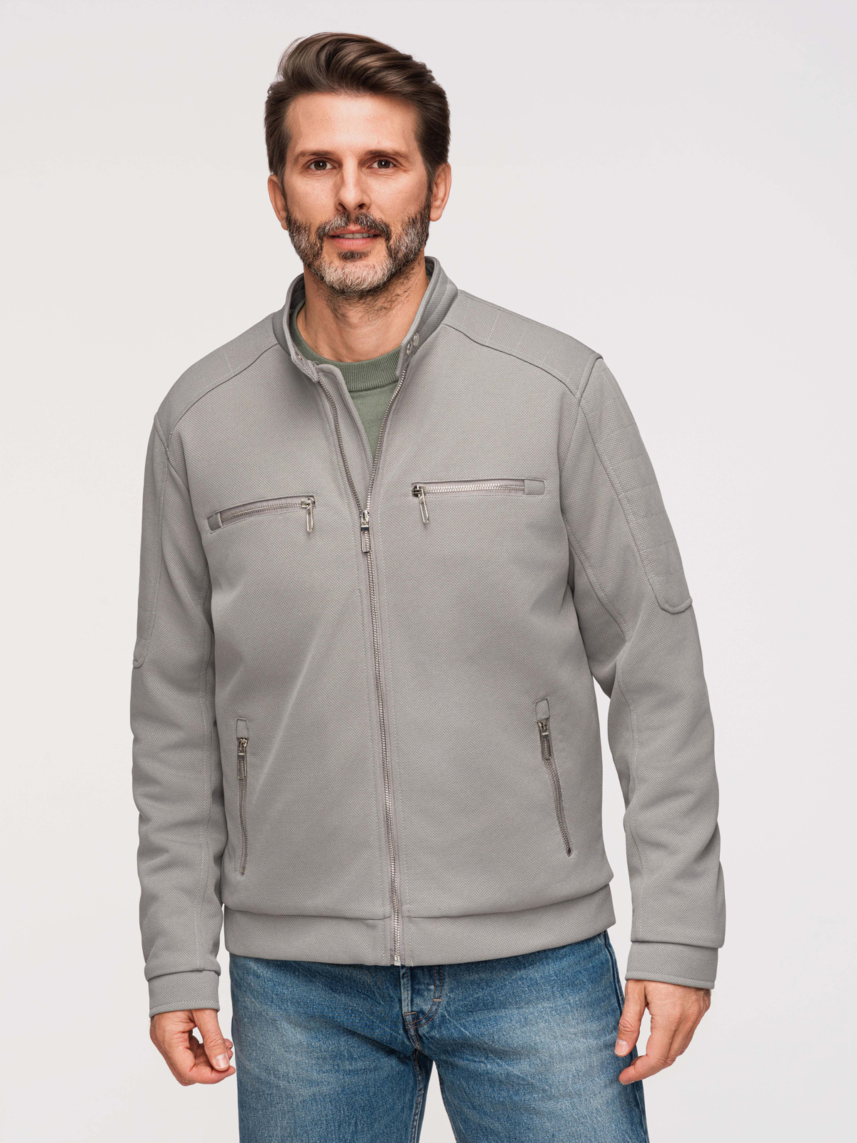 Ombre Men's biker jacket with pockets and collar - grey