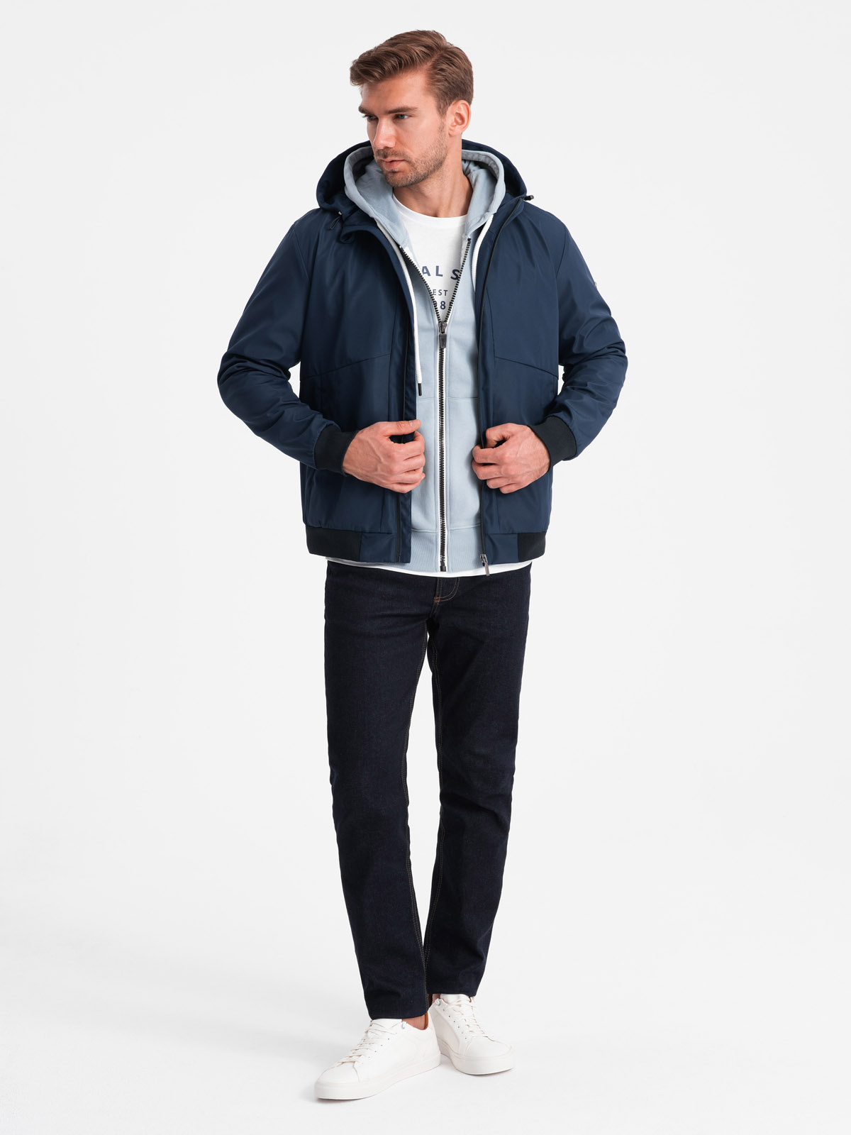 Ombre Men&#039;s lightweight jacket with hood and mesh lining - navy blue