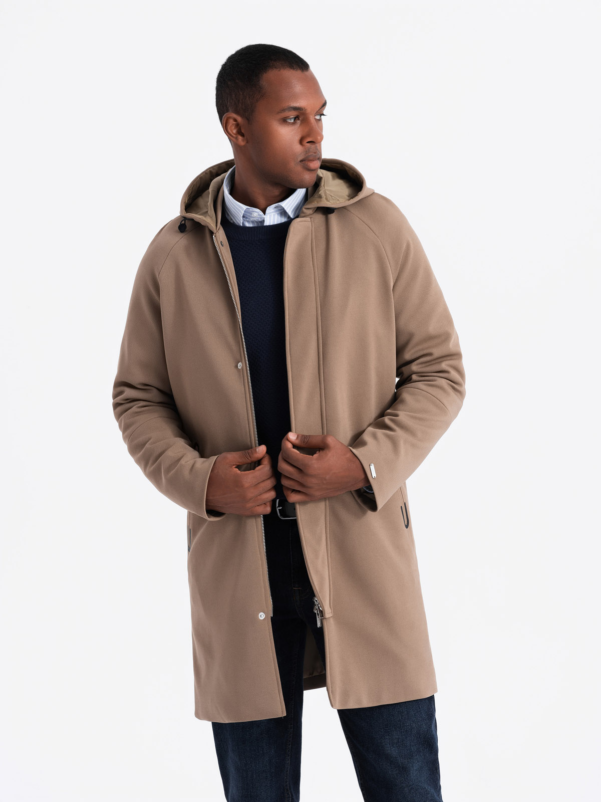 Ombre Men&#039;s hooded coat in fine stripe - coffee