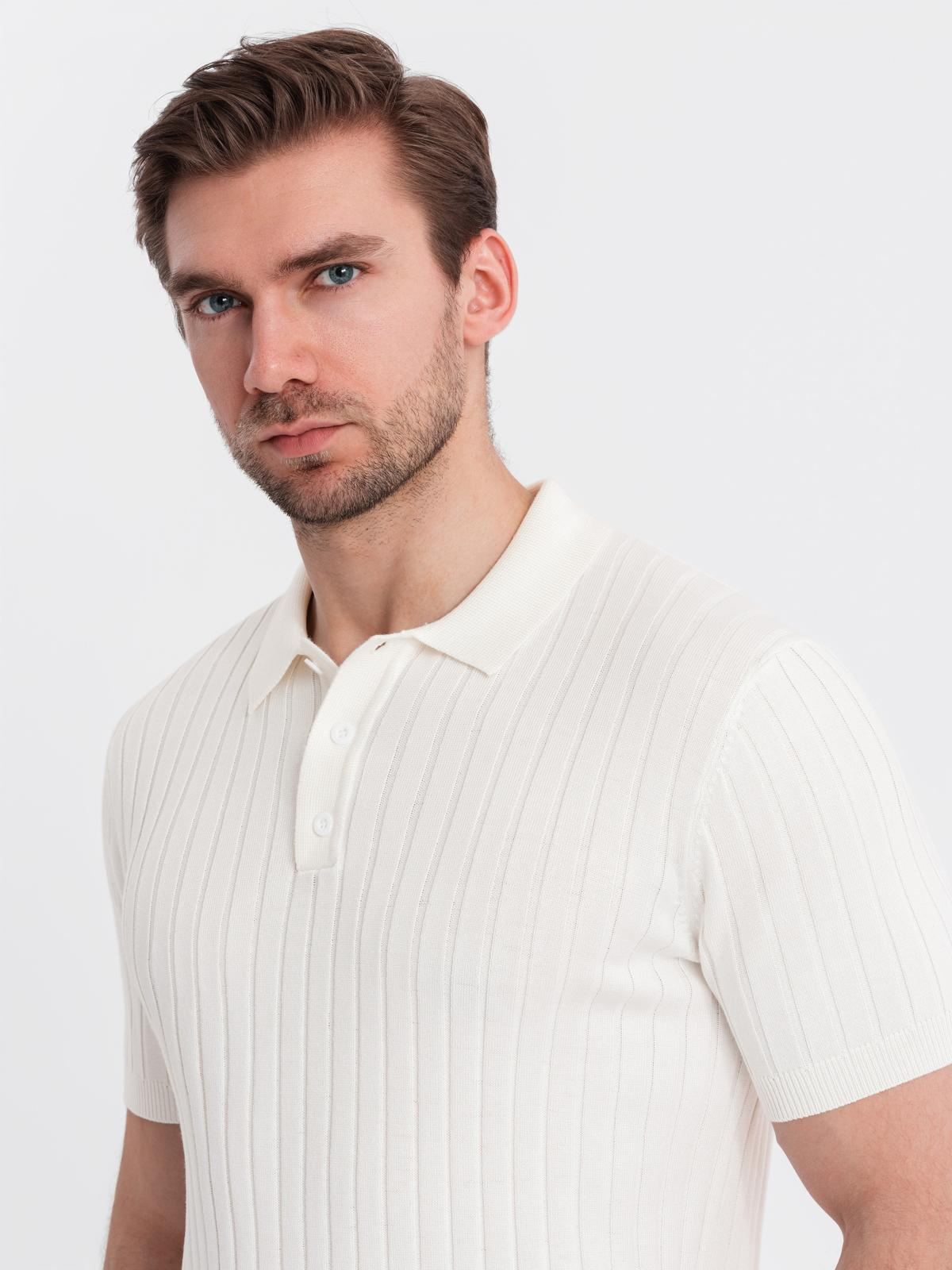 Ombre Men's SLIM FIT viscose vertical striped polo shirt - broken white