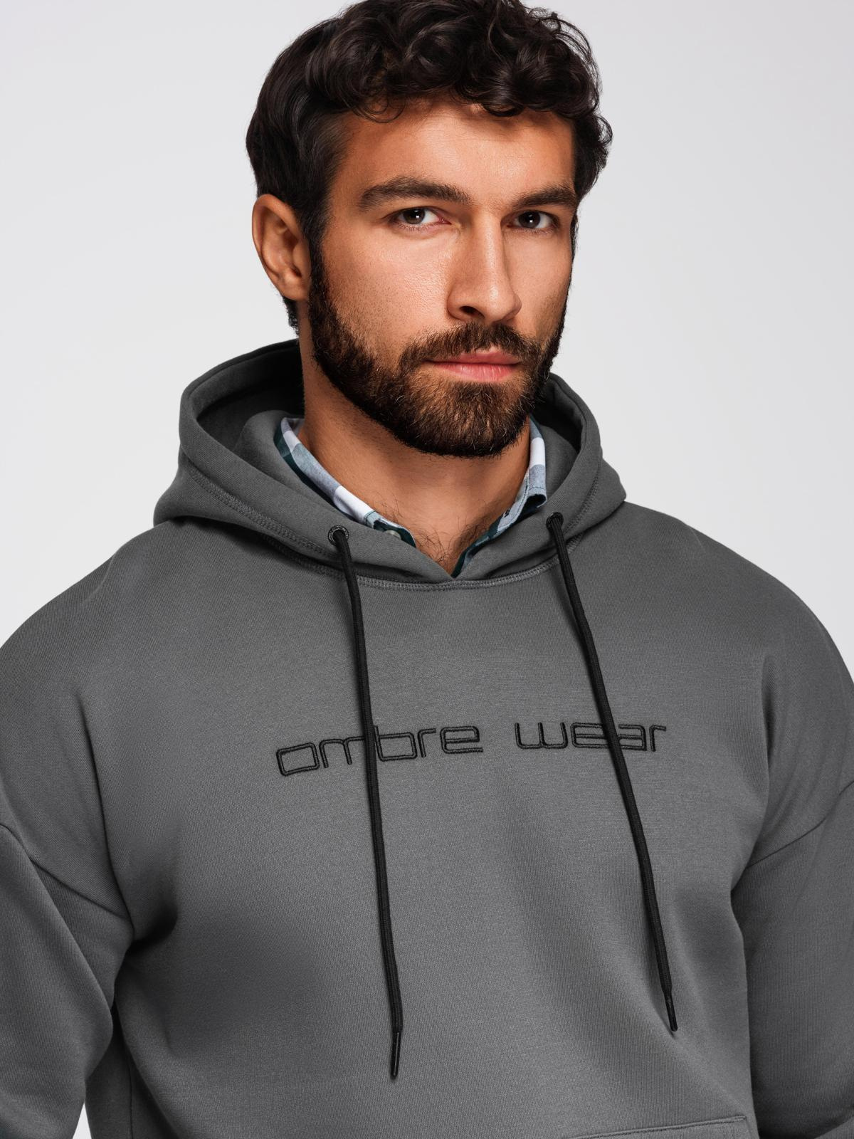 Ombre Men's kangaroo sweatshirt with embroidery and hood - graphite