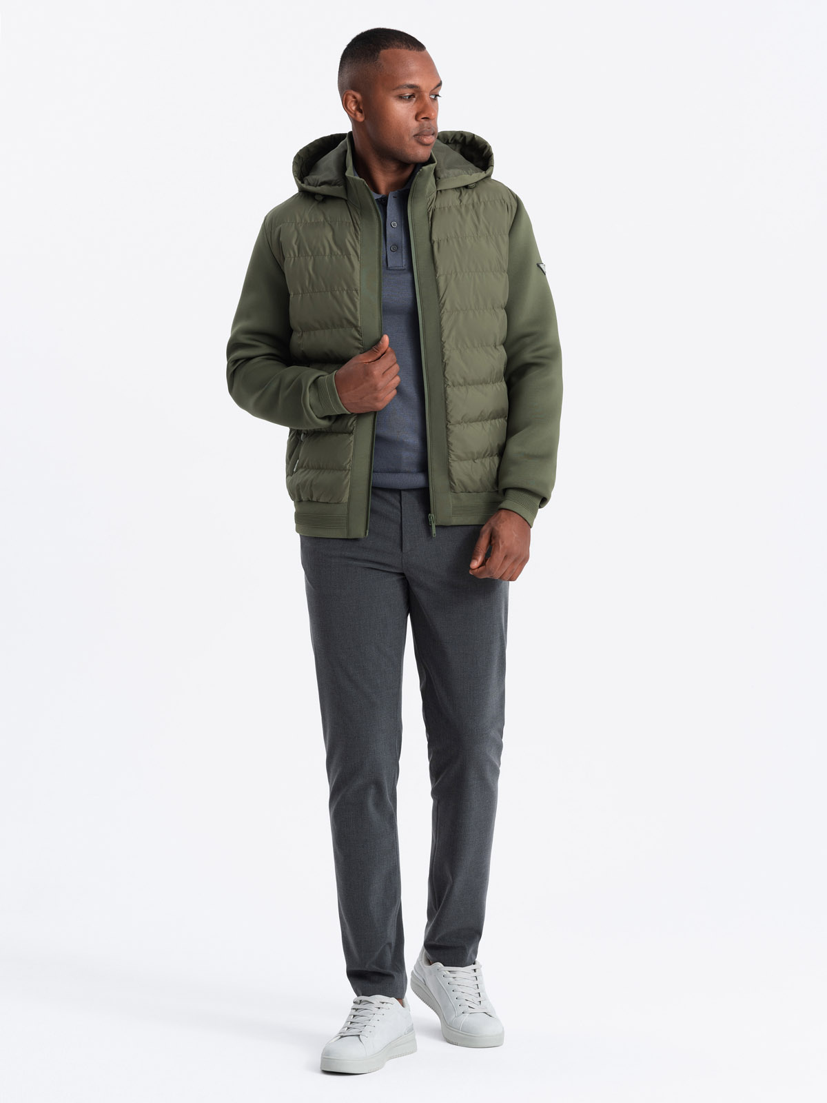 Ombre Men&#039;s quilted bomber jacket with high collar - dark olive green