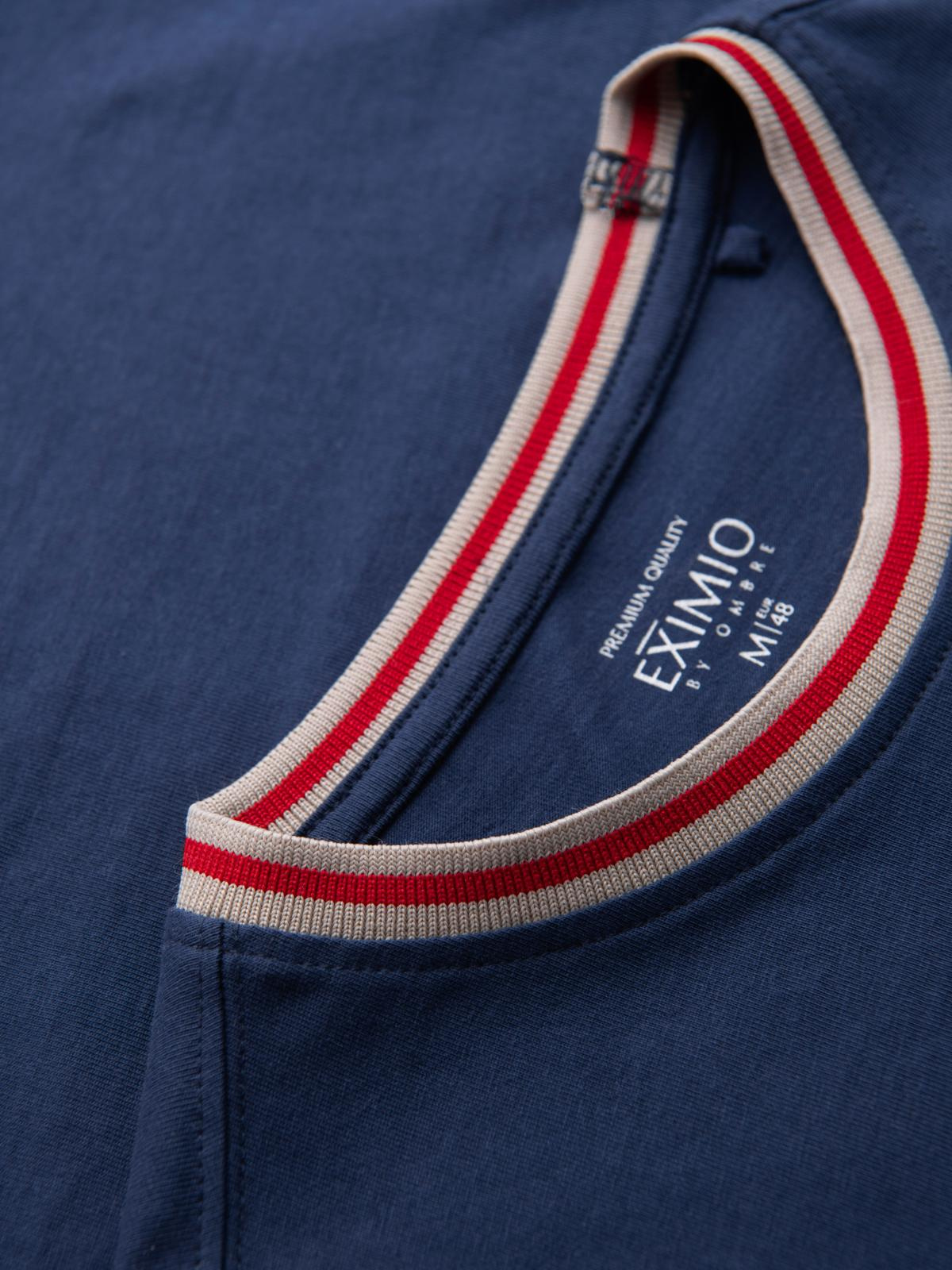 Ombre Men's cotton longsleeve with striped U neckline and embroidery - dark blue