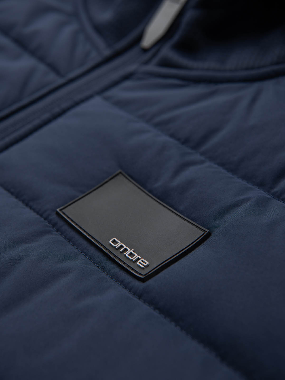 Ombre Men&#039;s lightweight jacket of combined materials with hood and decorative quilting - navy blue