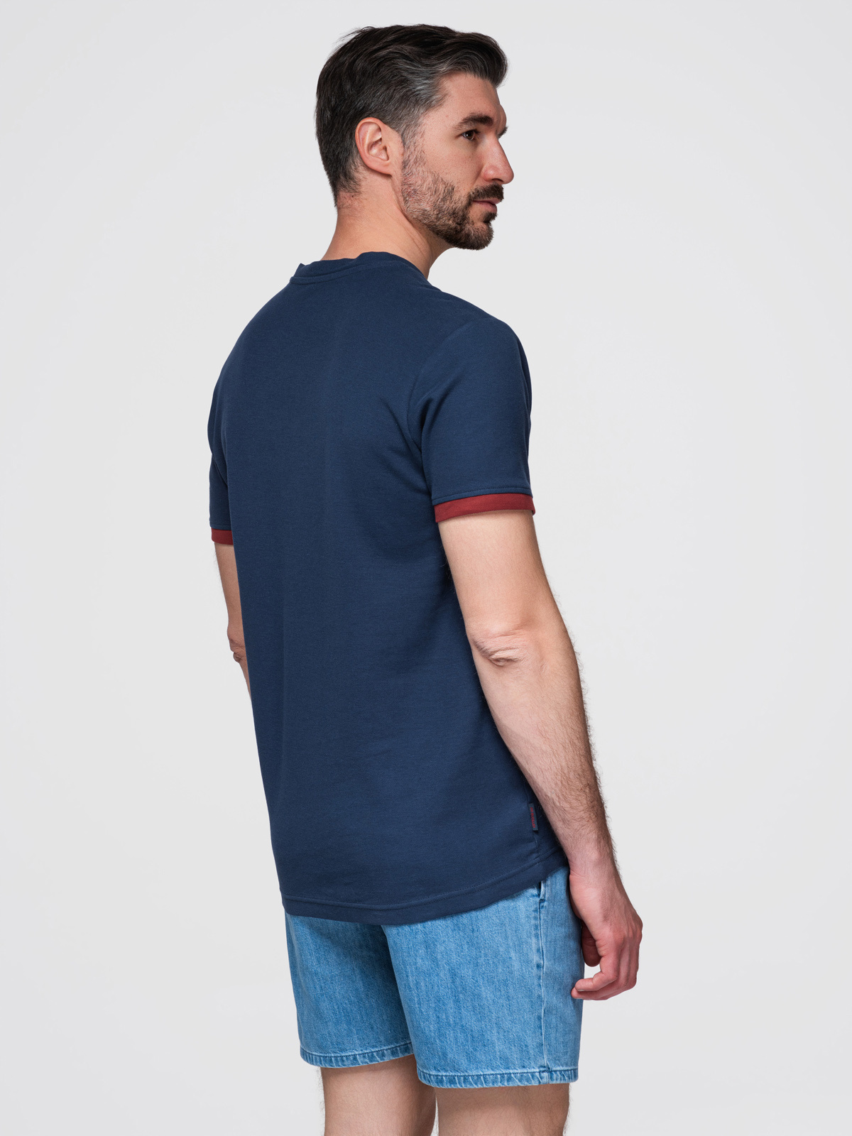 Ombre Men's T-shirt with contrasting inserts and v-neck - navy blue