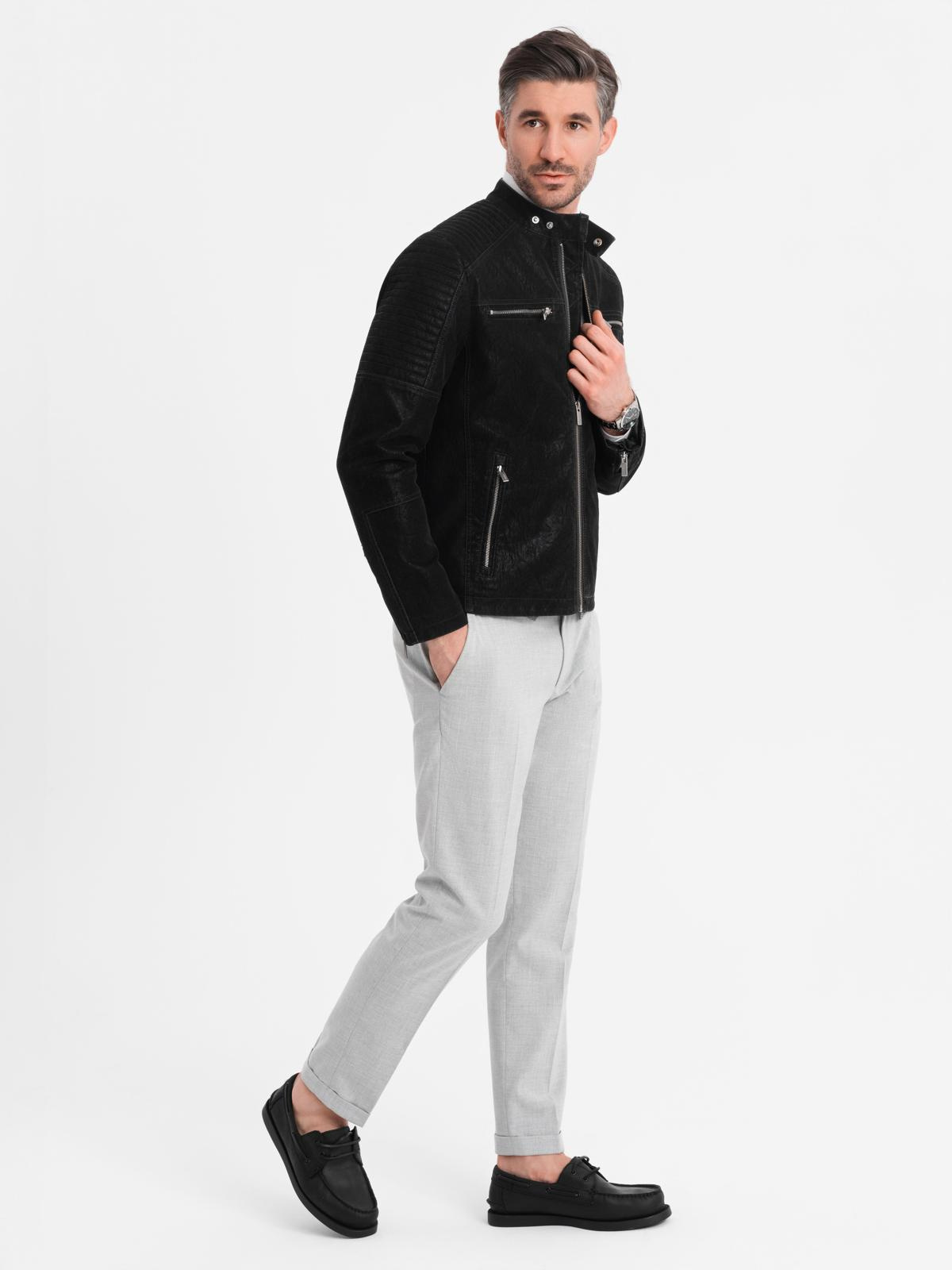 Ombre Men's retro-style biker jacket with stand-up collar - black