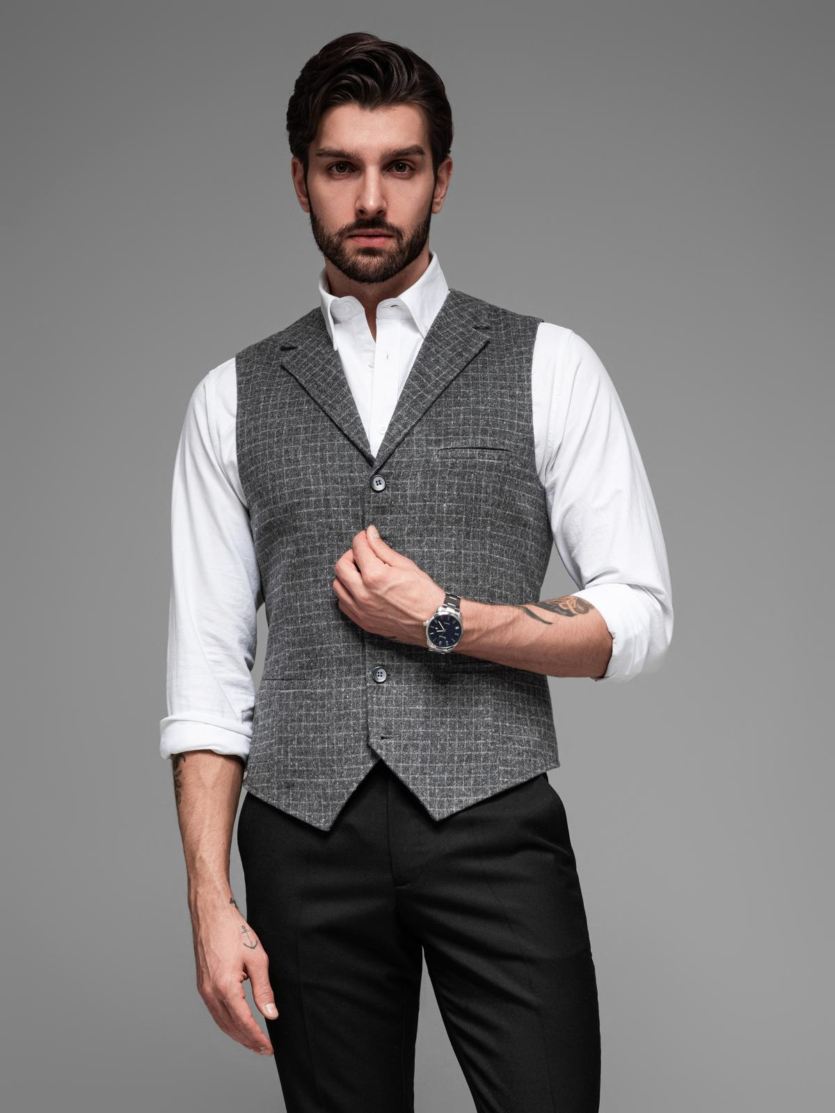 Ombre Elegant men&#039;s checkered vest with lapels - black