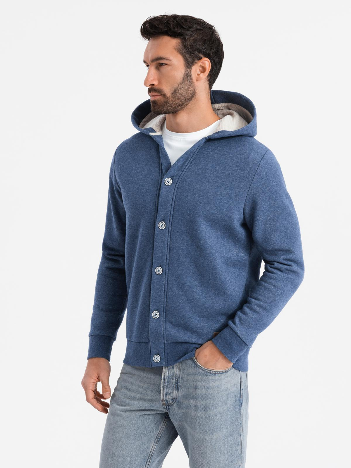 Ombre Men&#039;s button-down hooded sweatshirt - navy blue melange