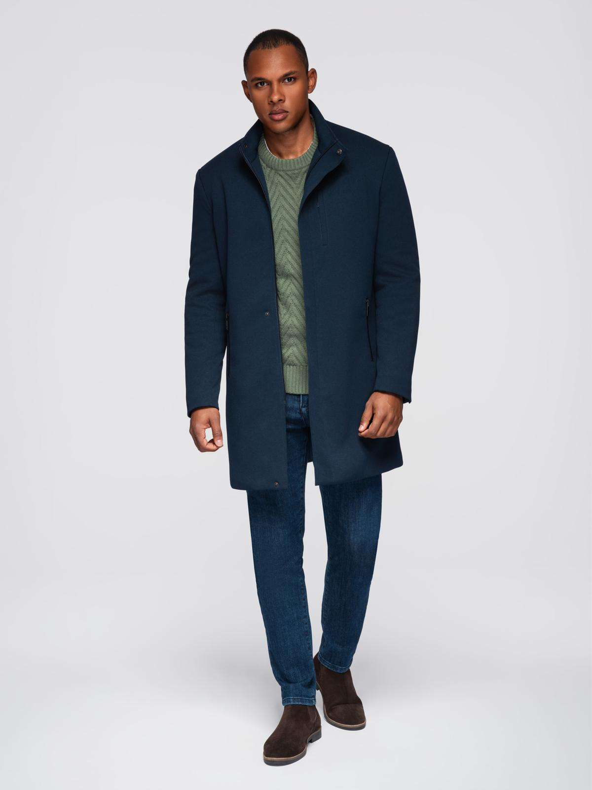 Ombre Men&#039;s tailored structured coat with high collar - navy blue