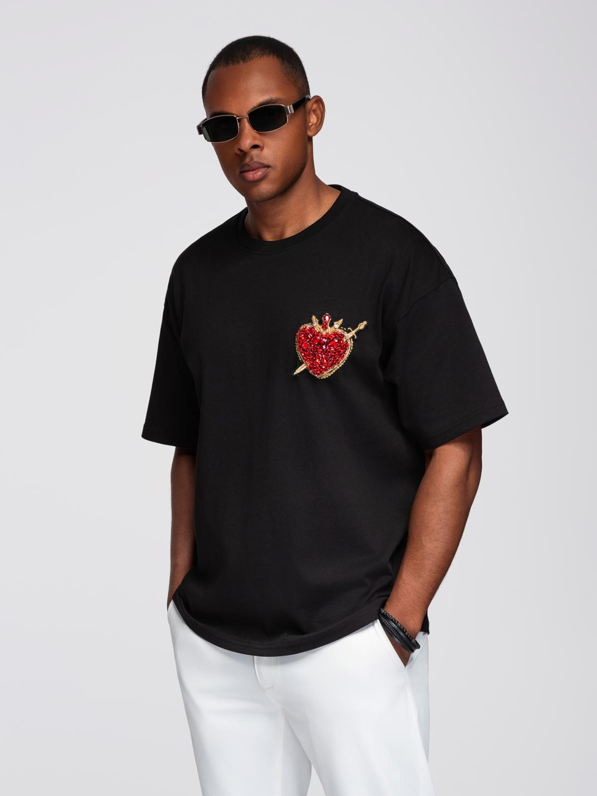 Ombre Men's cotton T-shirt with jewelry applique on chest - black