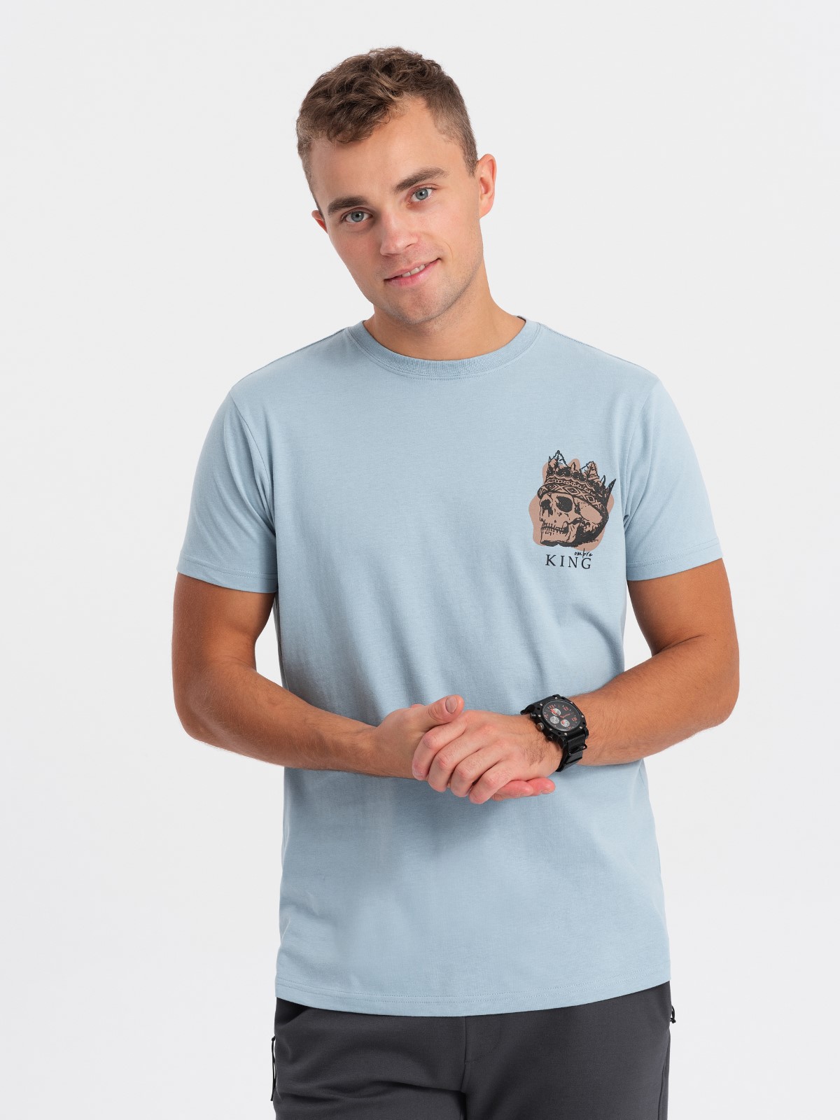 Levně Ombre Men's cotton t-shirt with chest print - light blue