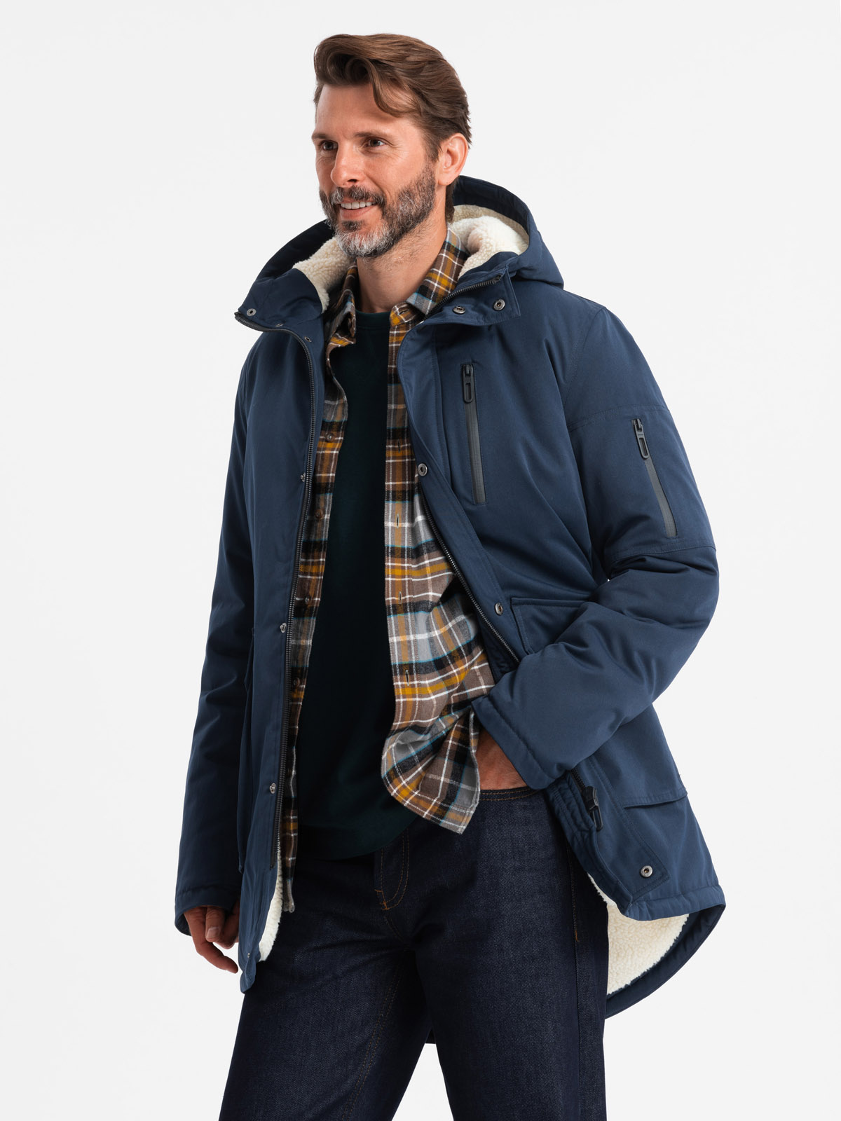 Ombre Men's long parka sherpa jacket – navy blue
