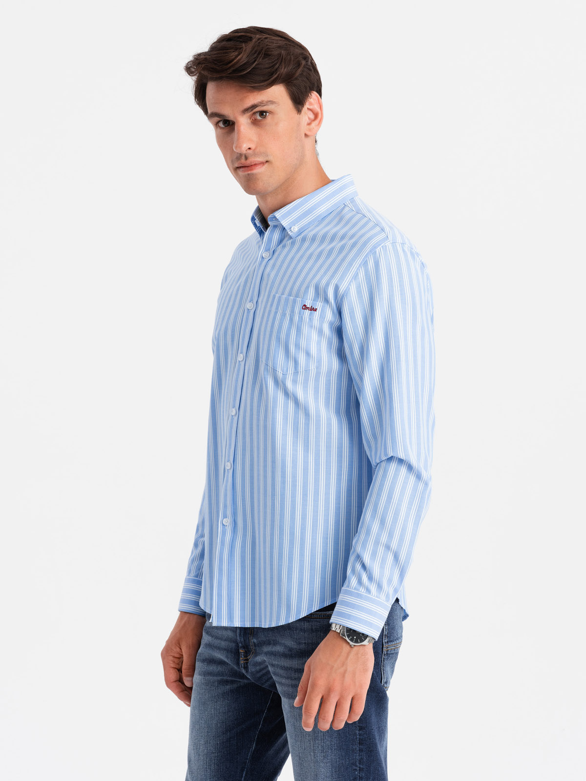 Ombre Men&#039;s REGULAR FIT shirt in white stripes with pocket - blue