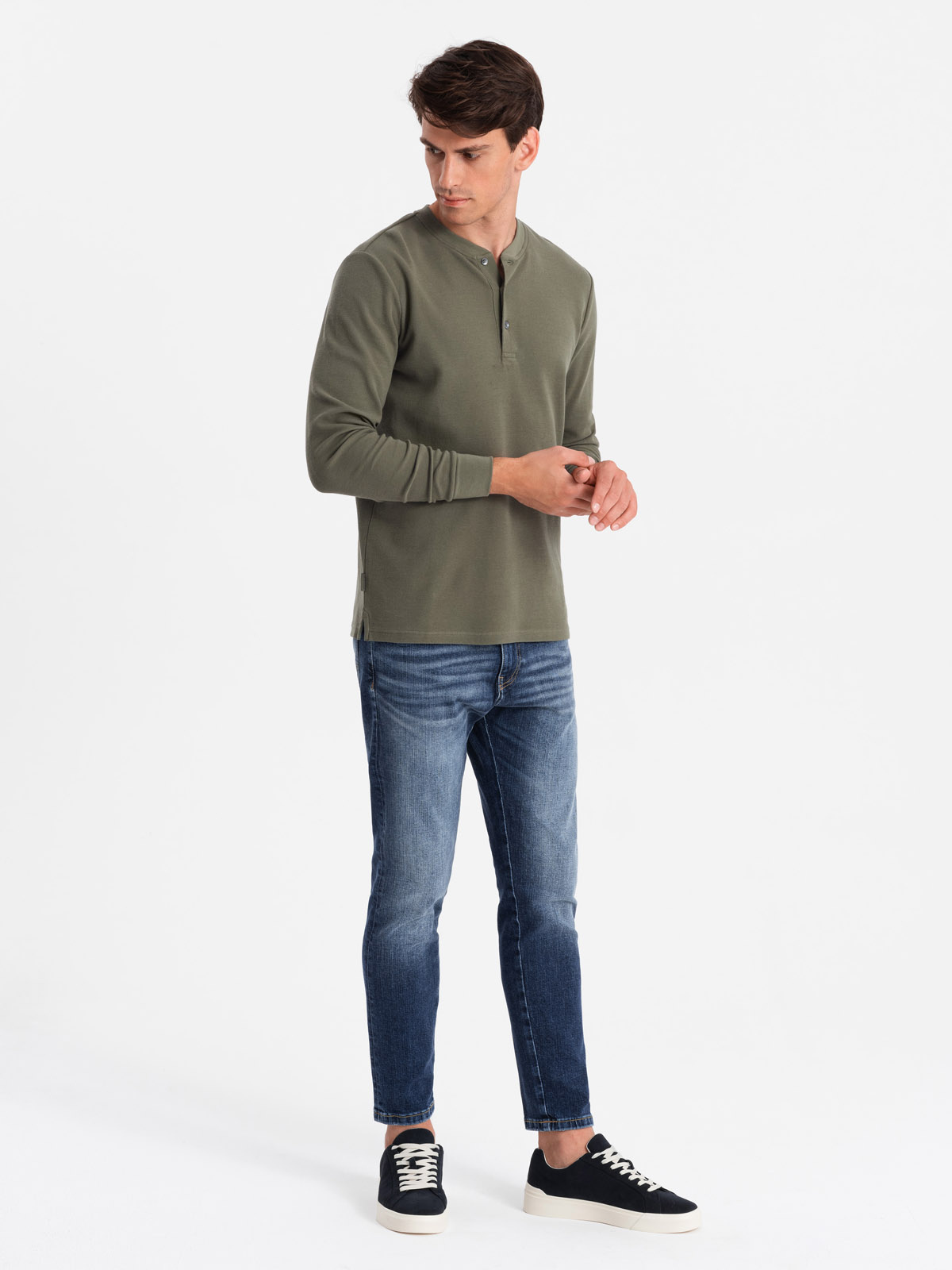 Ombre Button-up neck men's waffle knit longsleeve - olive
