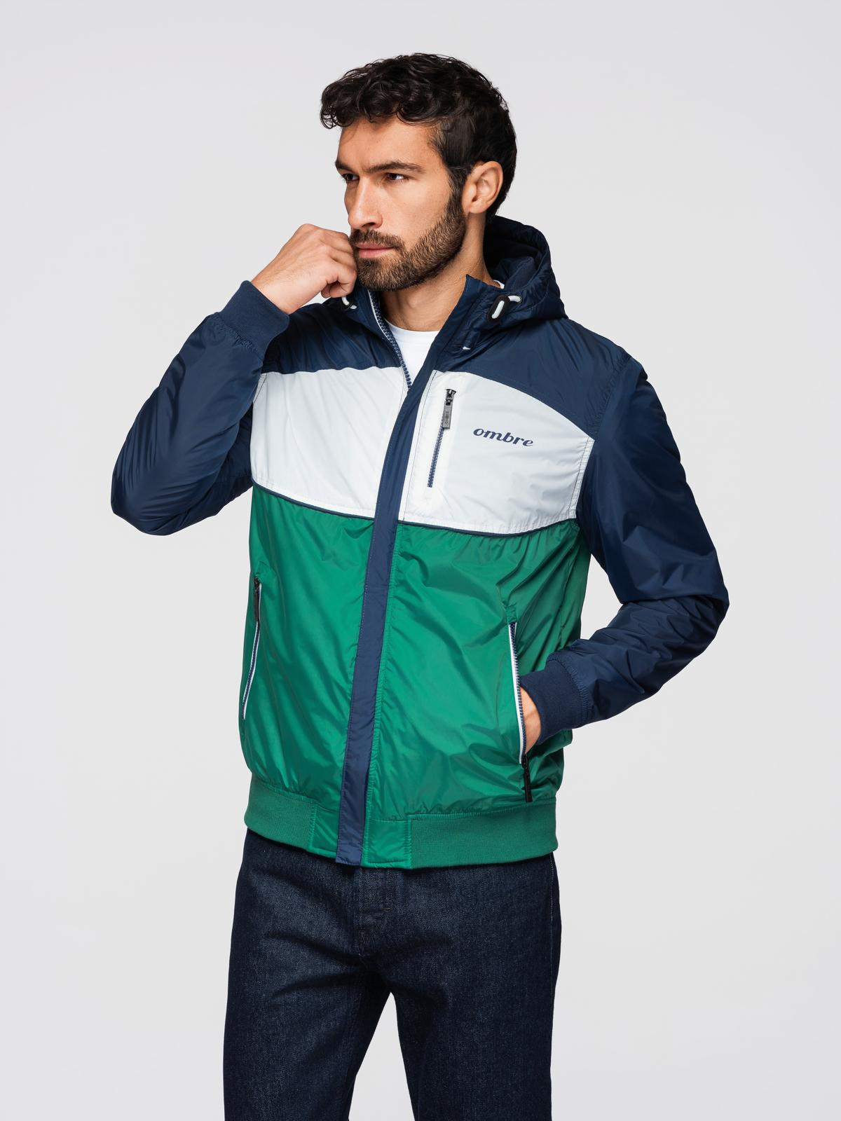 Ombre Lightweight colorful men's sports jacket with fleece - green and navy blue
