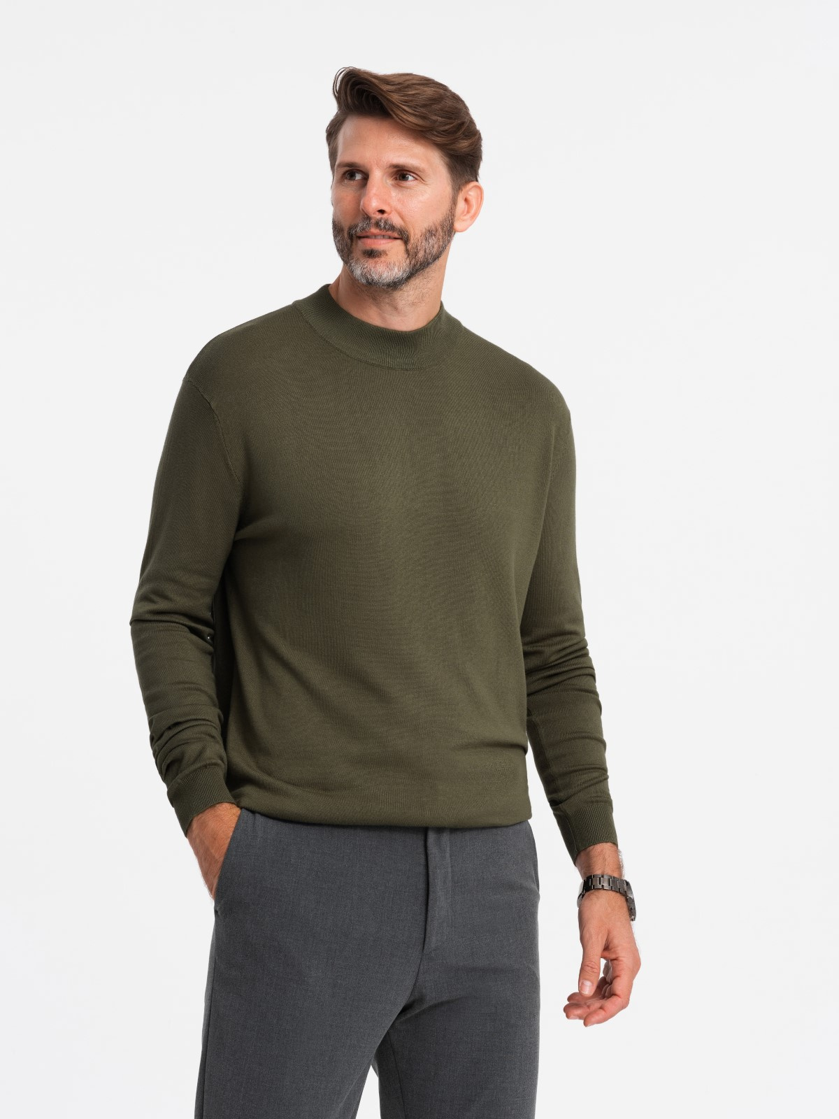 Ombre Men&#039;s knitted half turtleneck with viscose - dark olive