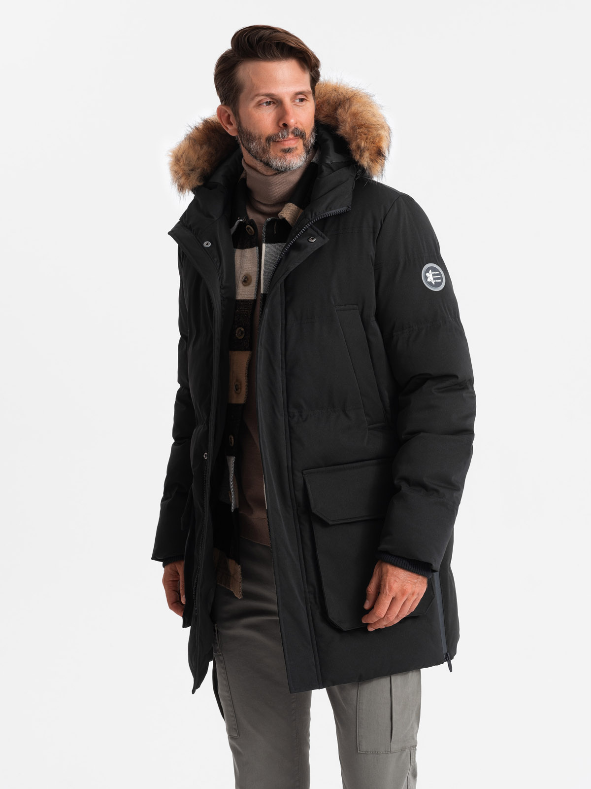 Ombre Men&#039;s insulated long parka jacket with flared bottom - black