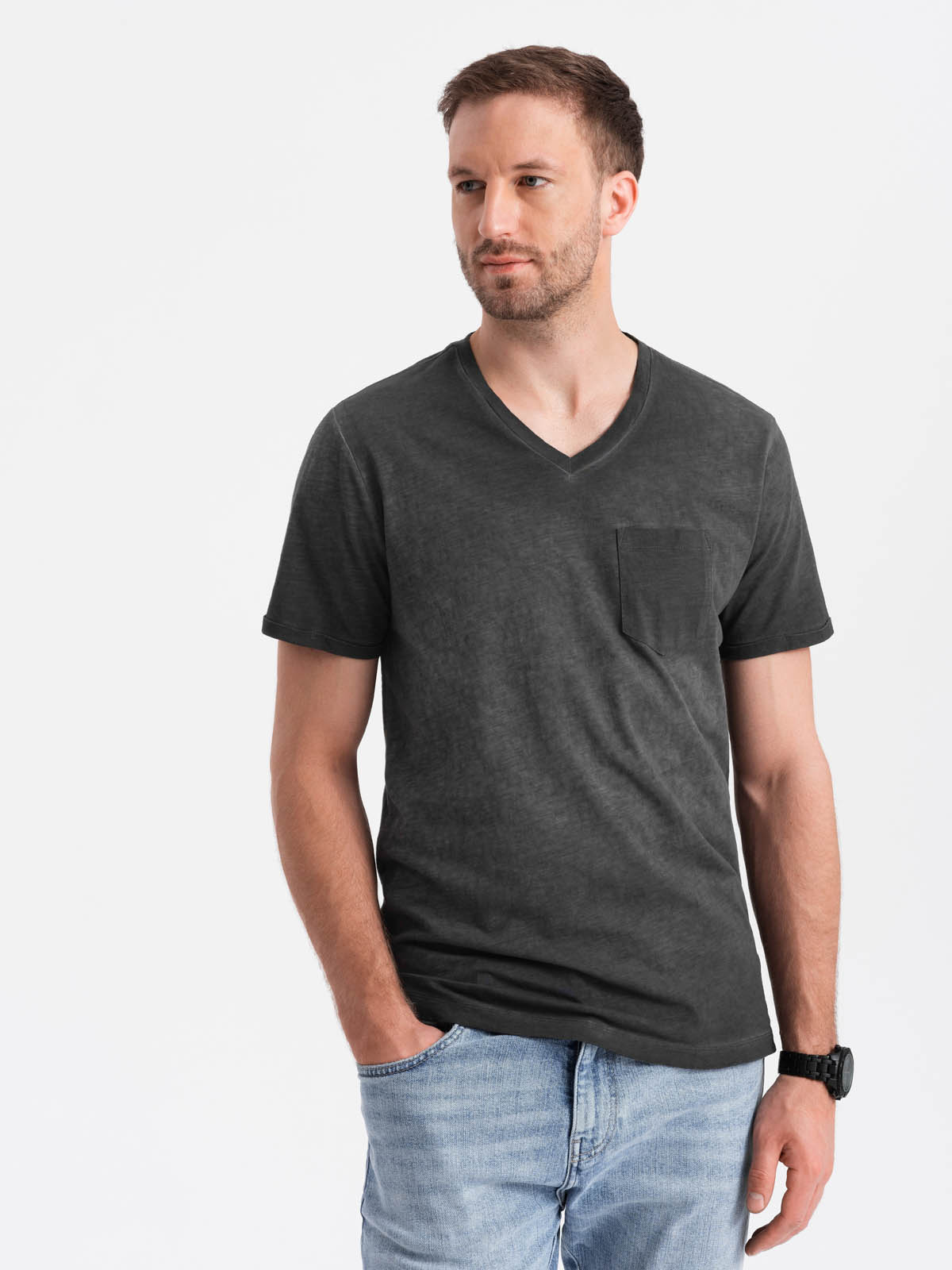 Ombre Men's brindle V-neck t-shirt with pocket - black