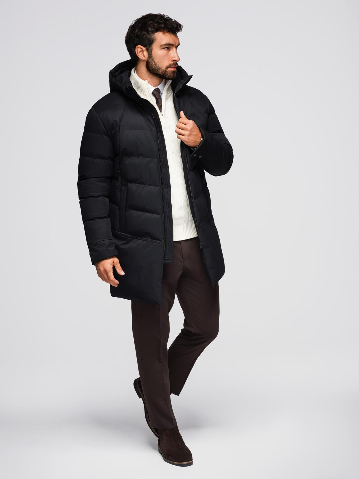 Ombre Men&#039;s long quilted jacket with hood - black