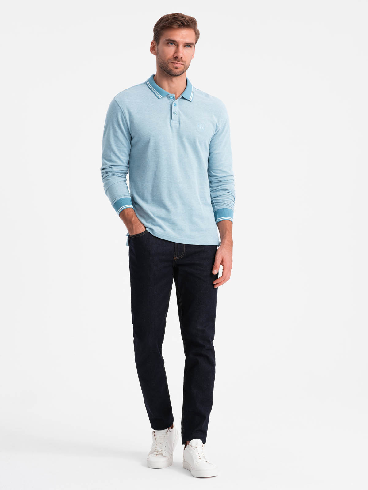 Ombre Men's melange polo longsleeve with embroidery - blue melange