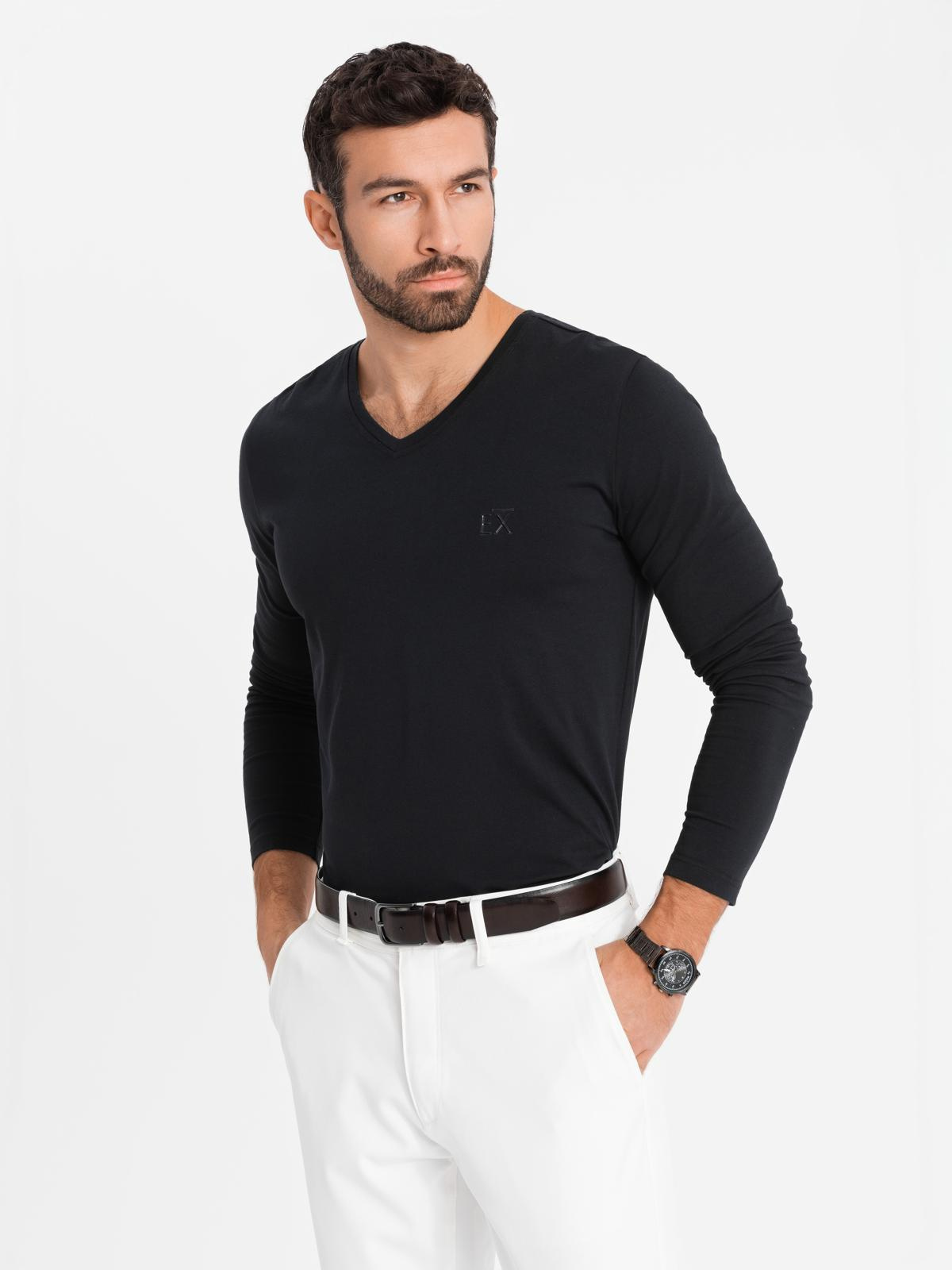 Ombre men's V-neck SLIM FIT ongsleeve with elastane and print - black