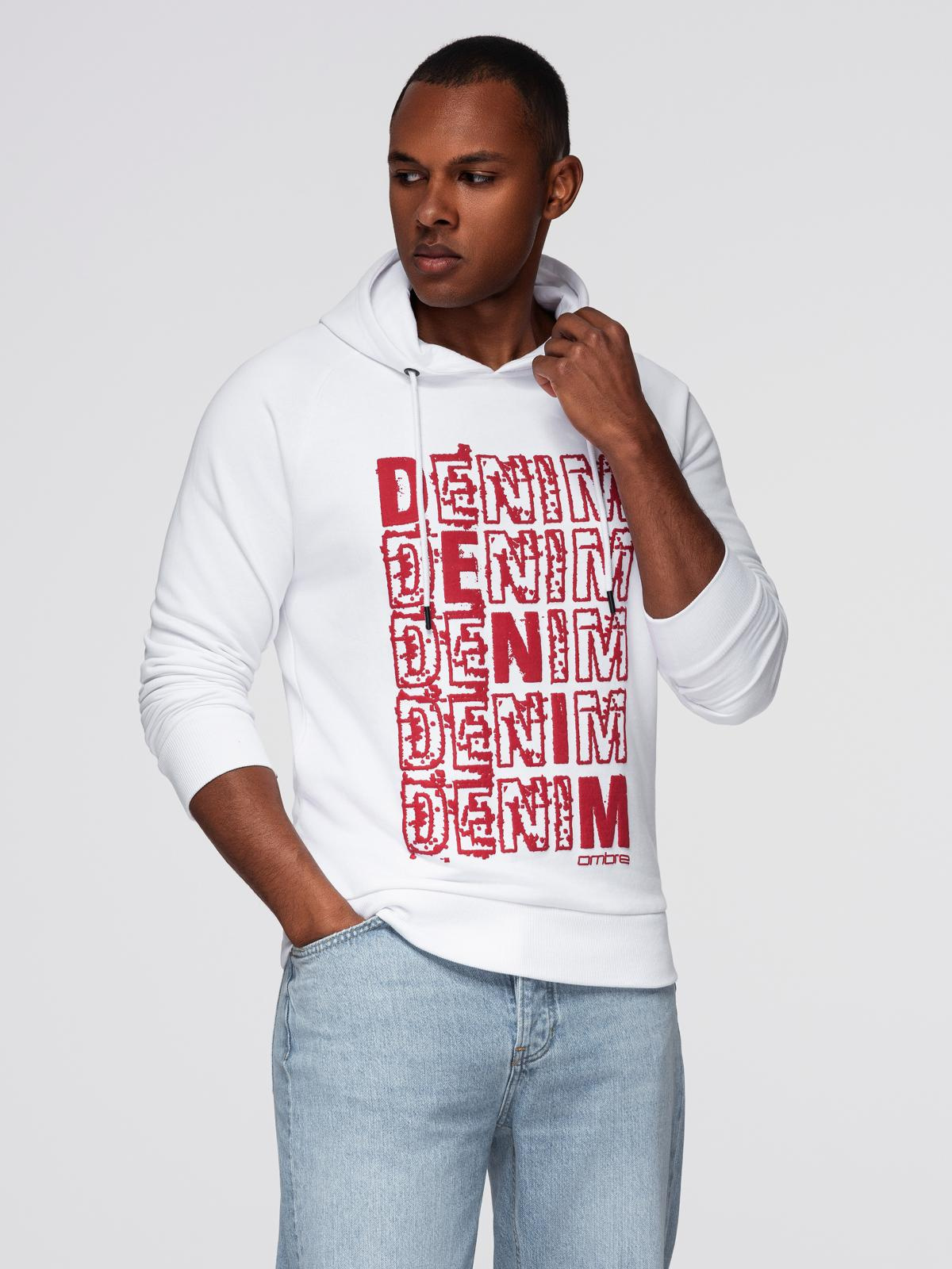 Ombre Men&#039;s non-stretch kangaroo sweatshirt with hood and print - white