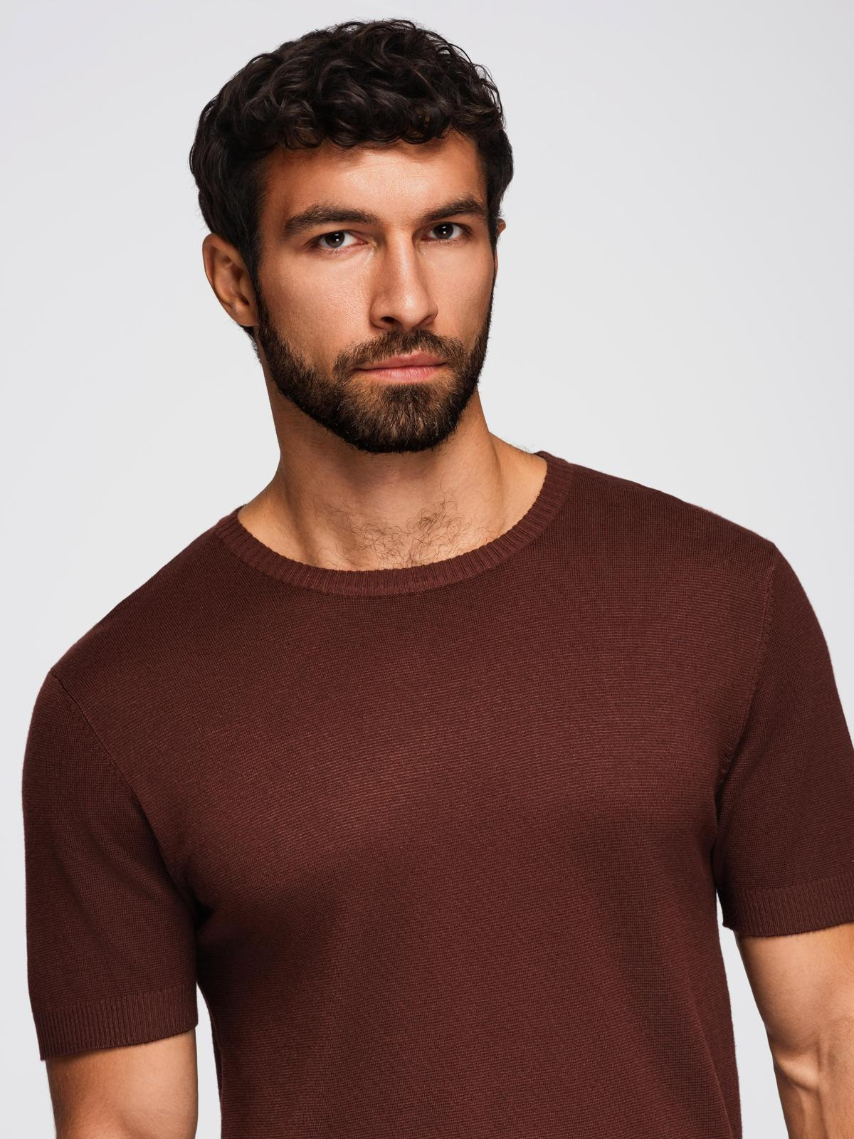 Ombre Men's classic knitted shirt with ribbed cuffs - warm brown